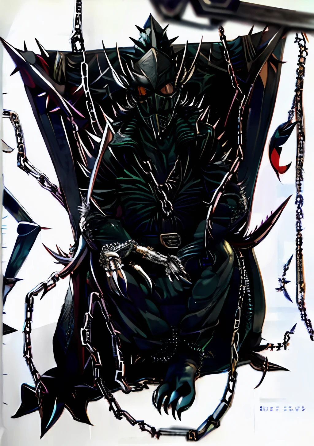 ((1character))), (((Undd, drawing))), (((black centipede))), (((claws))), (( (asymetrical))), (((ring chains))), ((leather, spiked metal plates, spikes, knife belt))