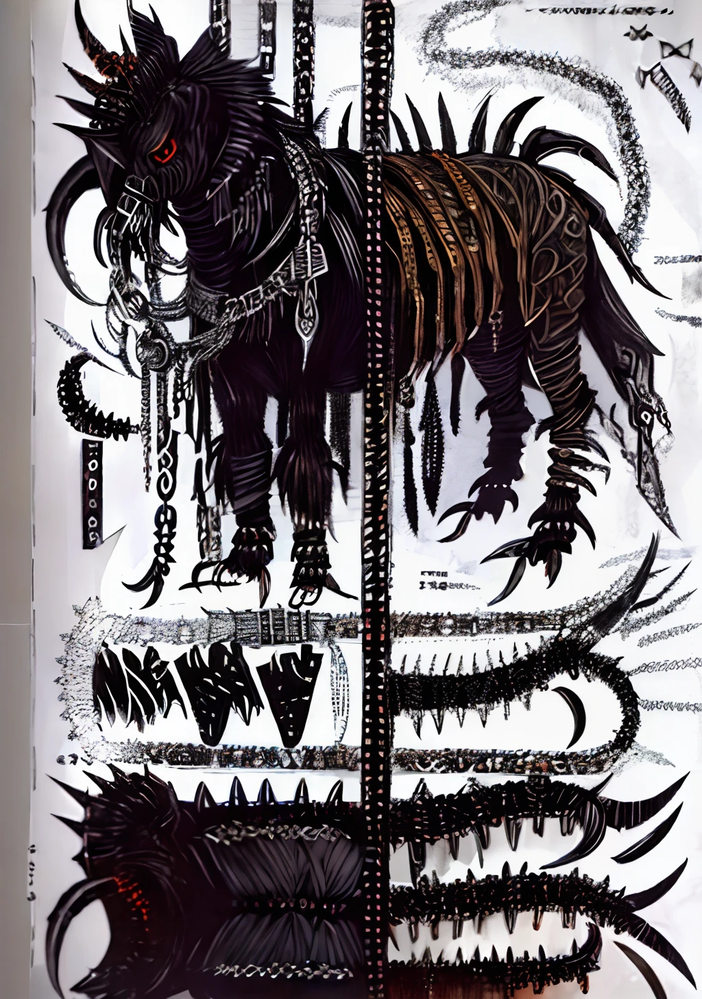 ((1character))), (((Undd, drawing))), (((black centipede))), (((claws))), (( (asymetrical))), (((ring chains))), ((leather, spiked metal plates, spikes, knife belt))