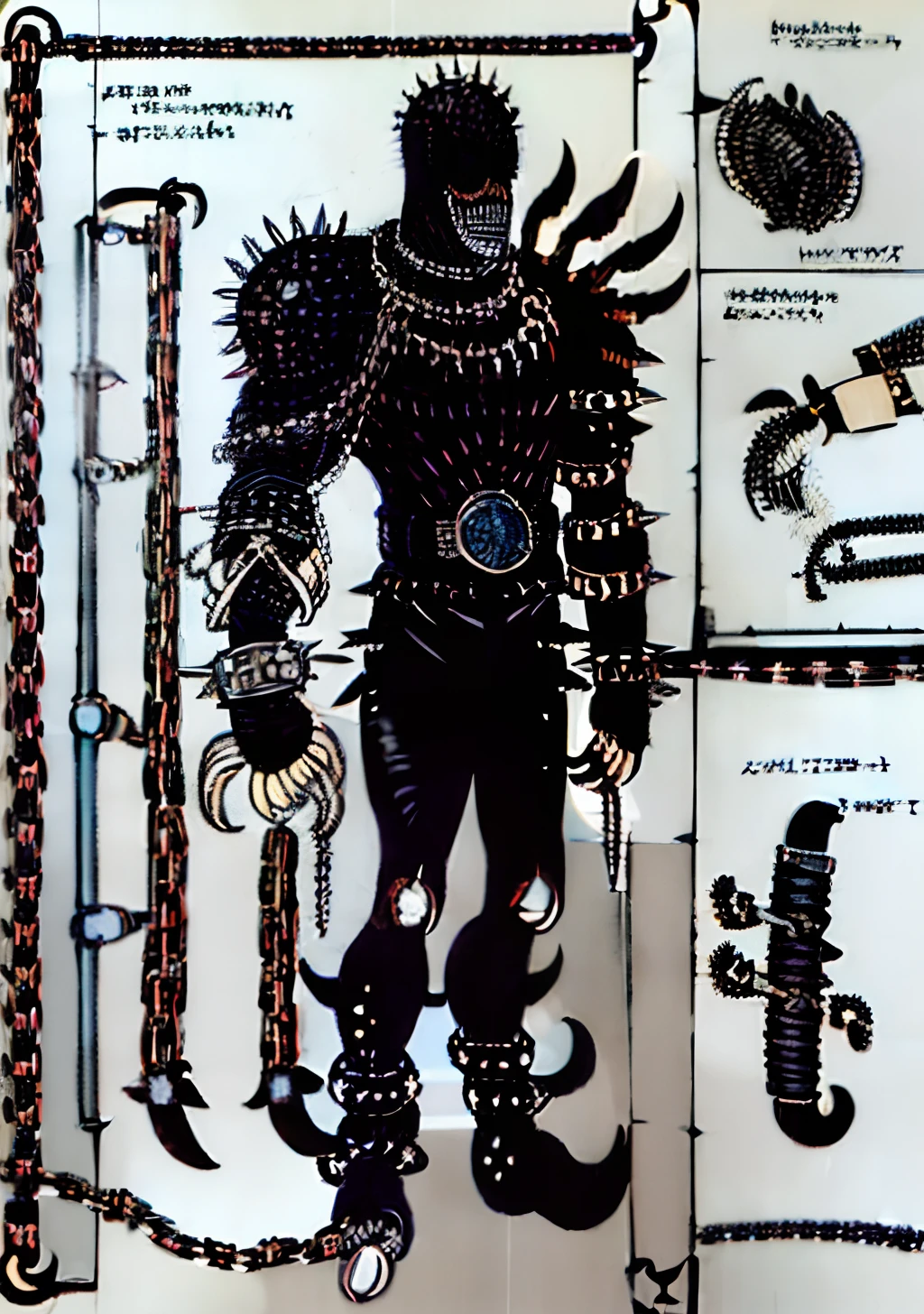 ((1character))), (((Undd, drawing))), (((black centipede))), (((claws))), (( (asymetrical))), (((ring chains))), ((leather, spiked metal plates, spikes, knife belt))