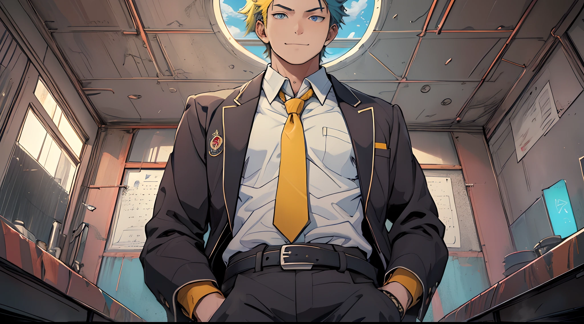 (1 Adult male),A high resolution, Sharp focus, Pixiv masterpiece, ((Complicated details)), highly detailed, natsuki_subaru, 1 man, ssmile,full bodyesbian,Reached, blue color eyes(eyes glowing), Short yellow hair,white shirt,Wear a tie,Wear a belt,perspire,look from down