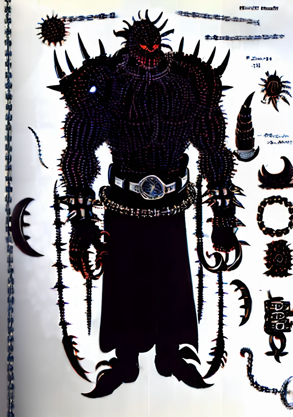 ((1character))), (((Undd, drawing))), (((black centipede))), (((claws))), (( (asymetrical))), (((ring chains))), ((leather, spiked metal plates, spikes, knife belt))