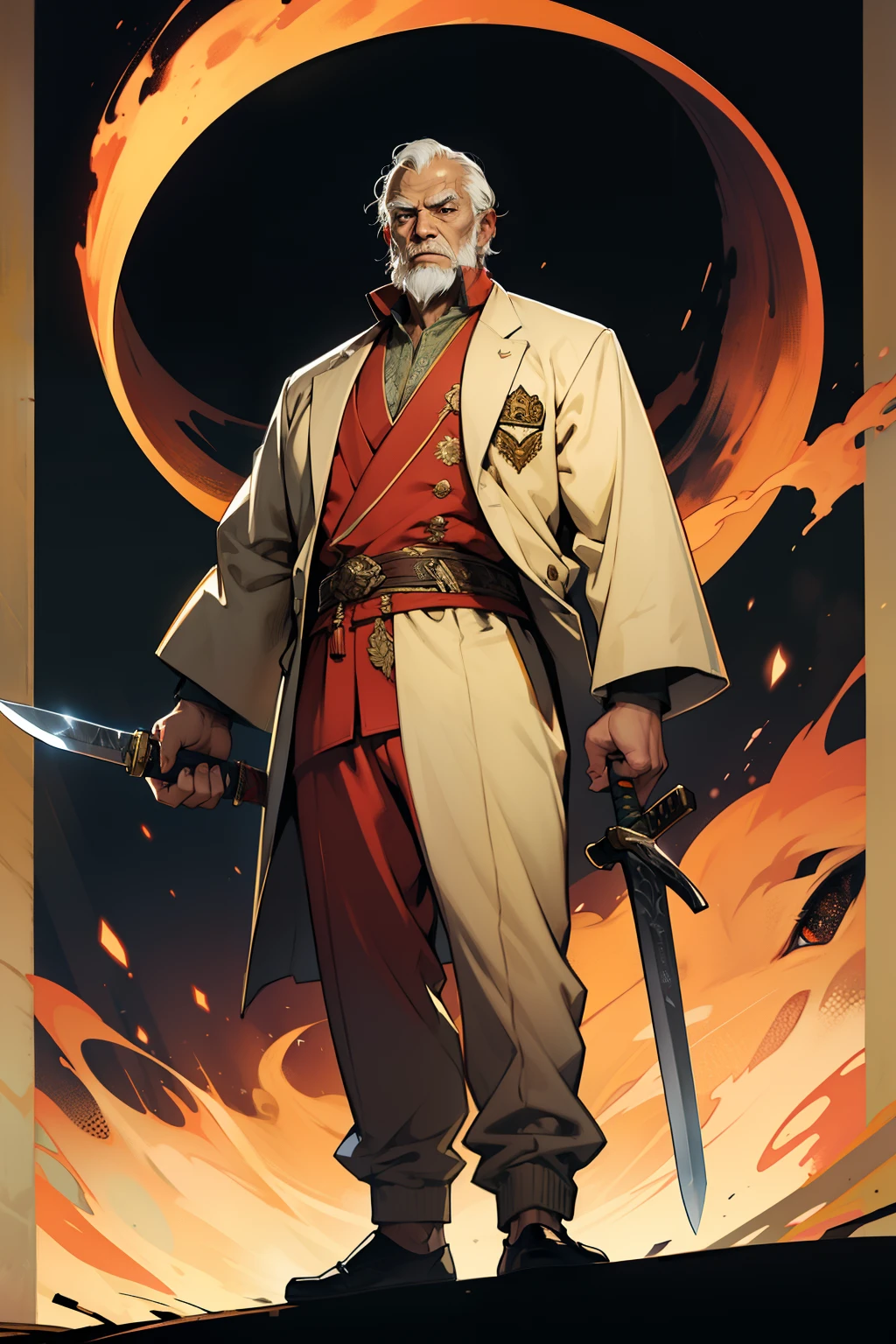old man,,Tang suit,Long sword,standing on your feet,The eyes are sharp,nigth,