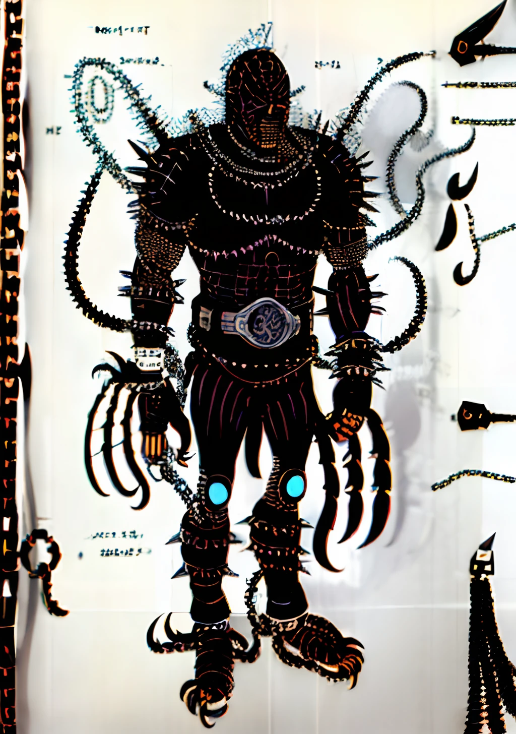 ((1character))), (((Undd, drawing))), (((black centipede))), (((claws))), (( (asymetrical))), (((ring chains))), ((leather, spiked metal plates, spikes, knife belt))