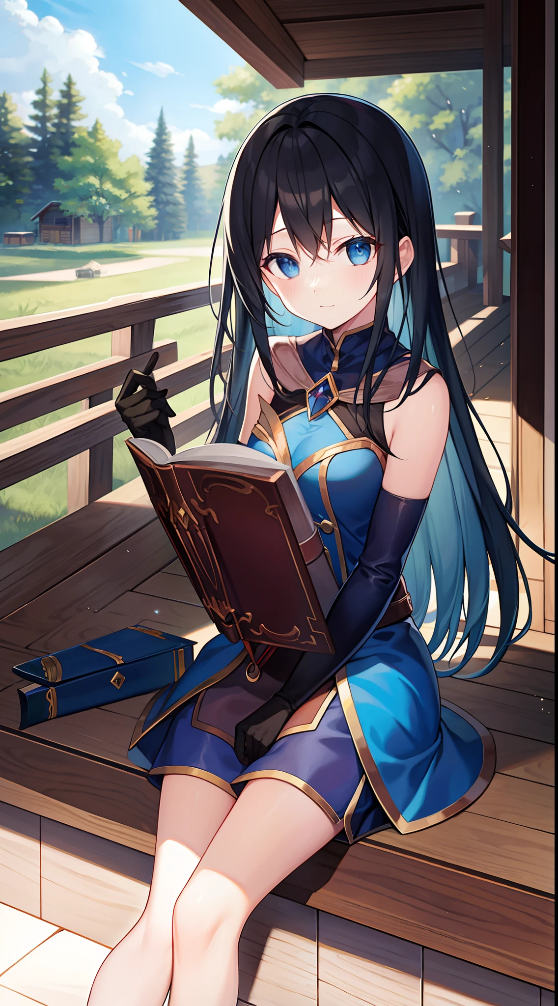 mages,Cabin in the woods background,Magic guide gloves,Sit on the front steps of the house with a medium-sized chest