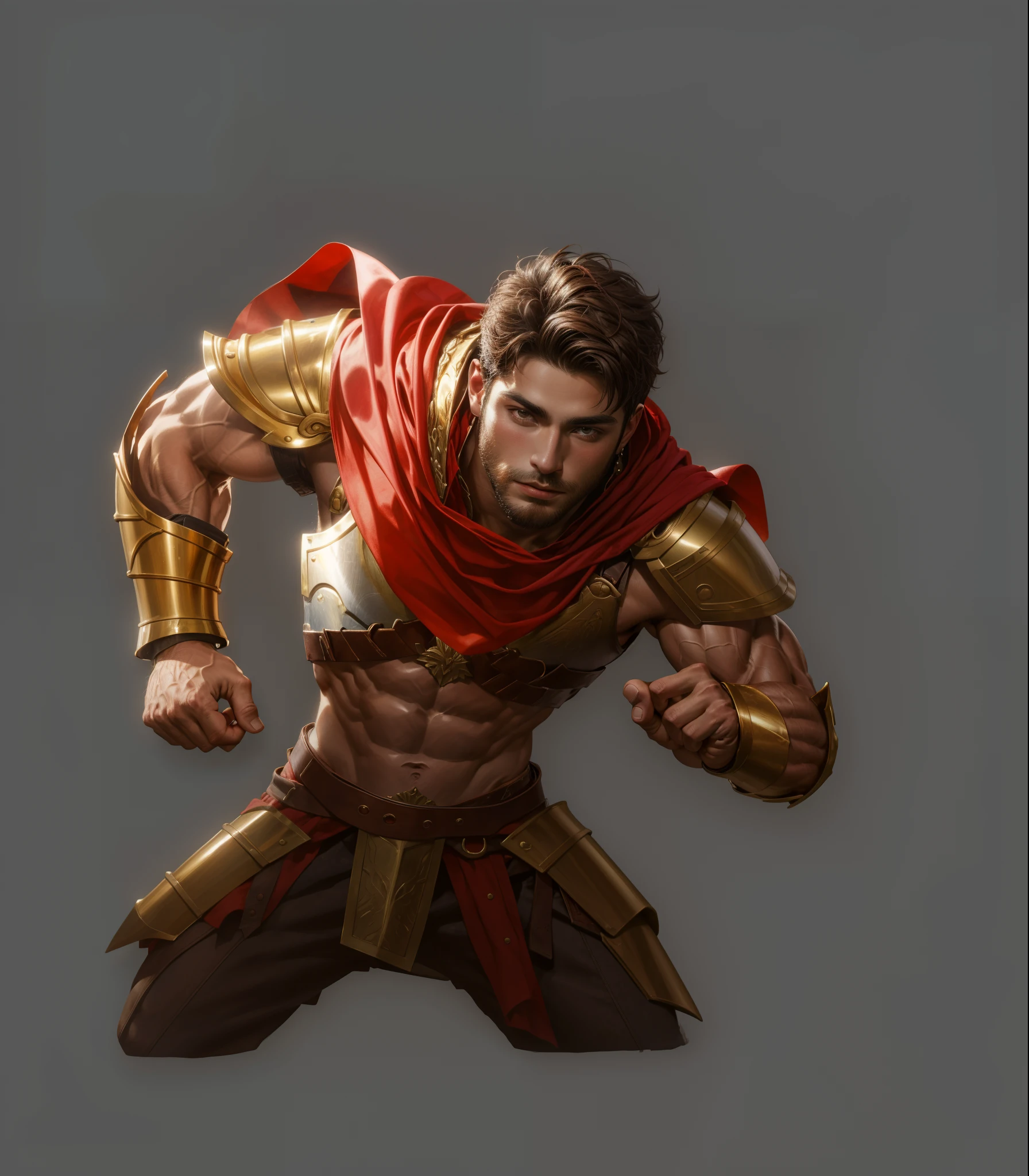 Greek warriors，20yr old，Young and handsome，fanciful，greek myth，Bronze armor，short detailed hair，flathead，brown  hair，Masculinity，，Red cape，leathers，chest muscle，Abs，musculature，Strong，One -handed sword，