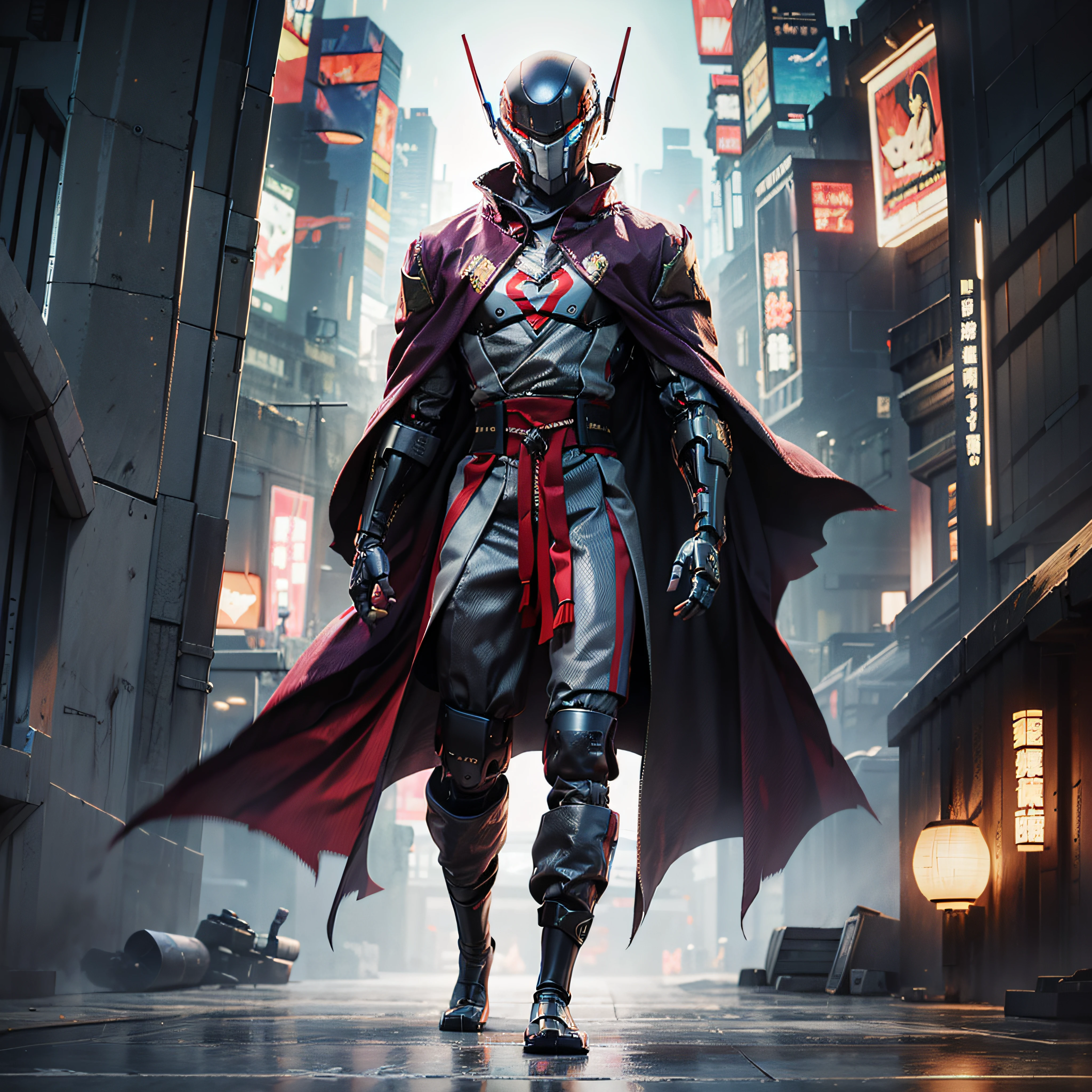cyberfusion,Shinsengumi Haori assassin robot cyborg wearing robes cape,elite corporate security, cyberpunk shopping district