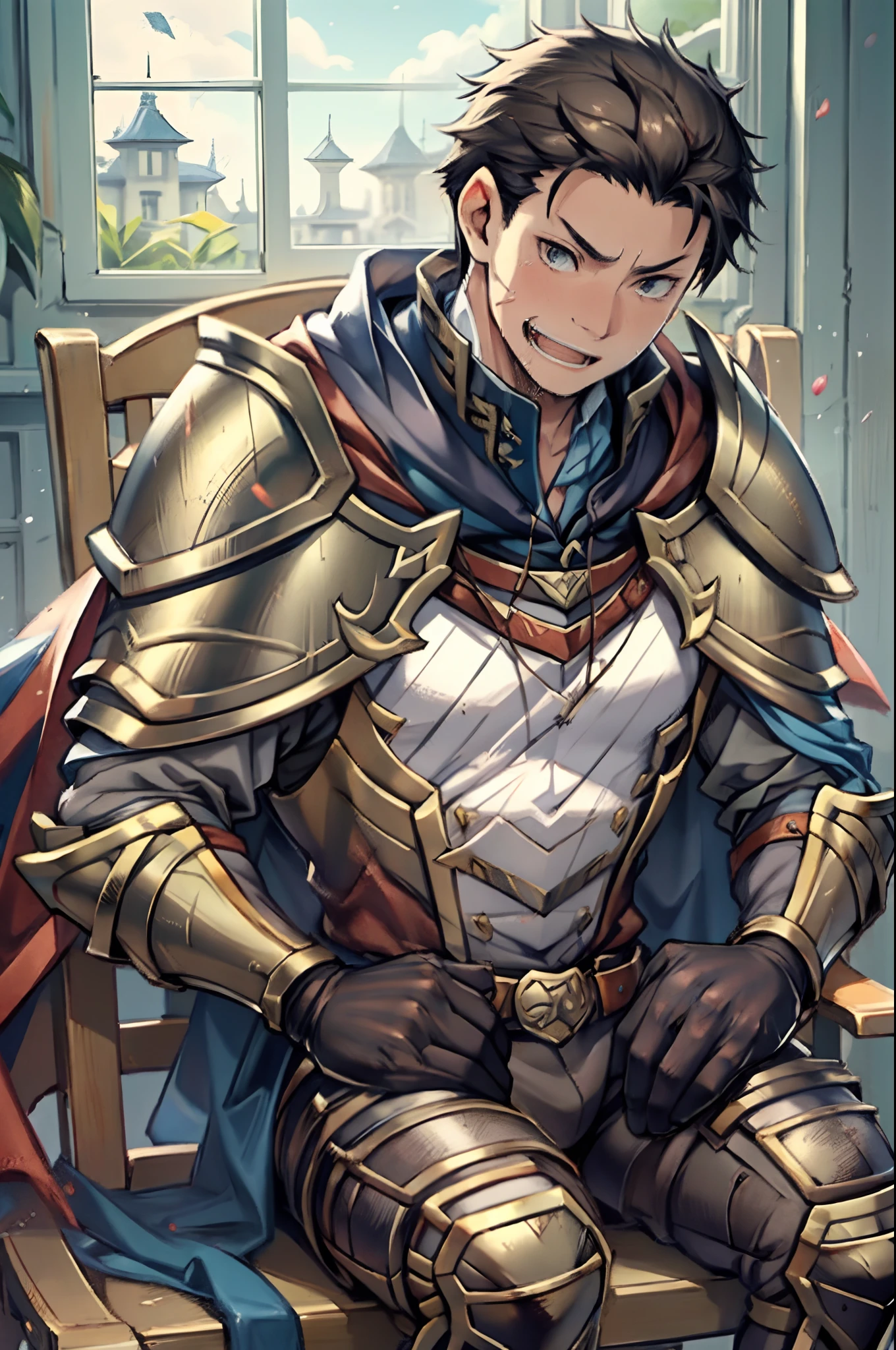 Hector Fey, 独奏, looking at viewert, Teasing laughter, Open your mouth,drools,perspire,Drenched,Get wet,mitts, 1 man, Male focus, sit astride(sit on chair),Cloak, Armour, Shoulder armor, look from down