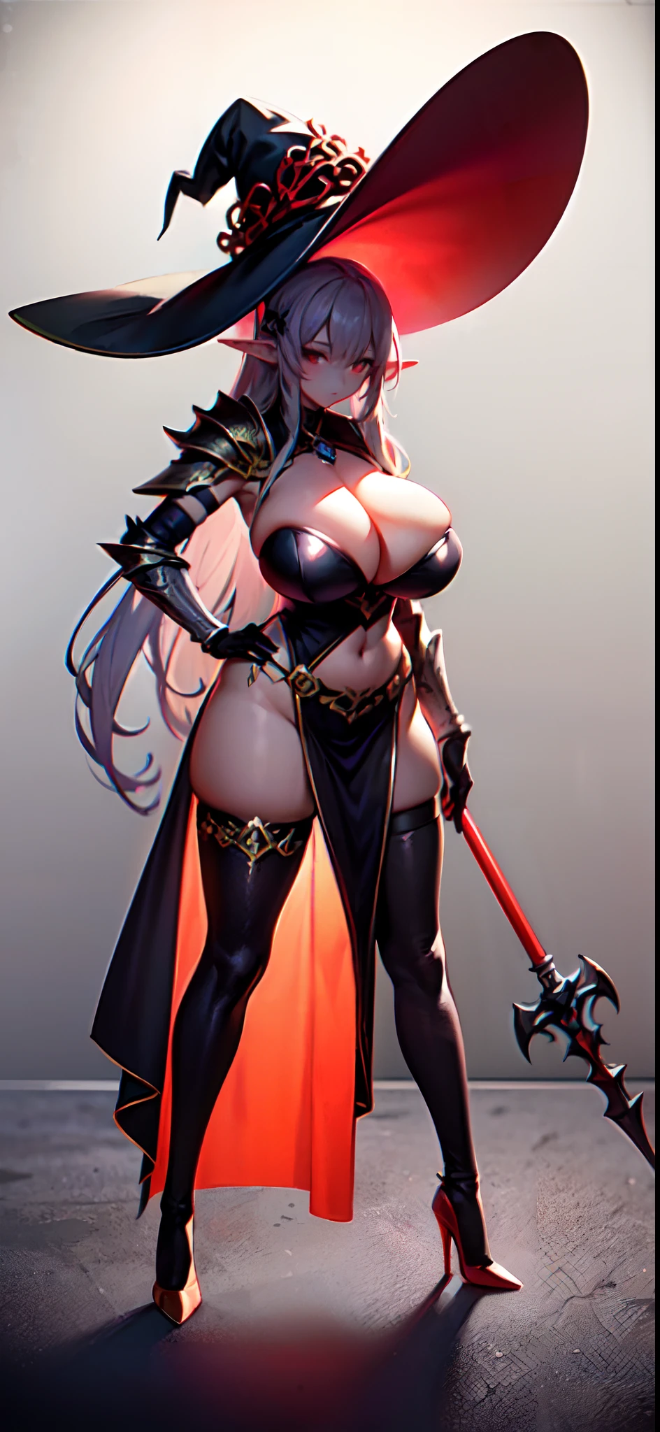 {red} {very long} hairstyle, {{very long}} elf ears, {breast and hips size} ((big breast, big hips)), glowing {red} eyes, {wearing} {{big}}((metal {witch hat})), {wearing} {painted in red and black} heavy metal armor body suit, cleavage chest armor, {wearing big length} metal armor legs, {add wearing} {red} pelvic curtain, {add wearing} {big} (shoulder armor), {add with} flaming sword, {wearing} ((metal high heels)), highly detailed, masterpiece, excellent art, perfect creation, perfect art, ultra detailed, perfect pose, 8k, hd,