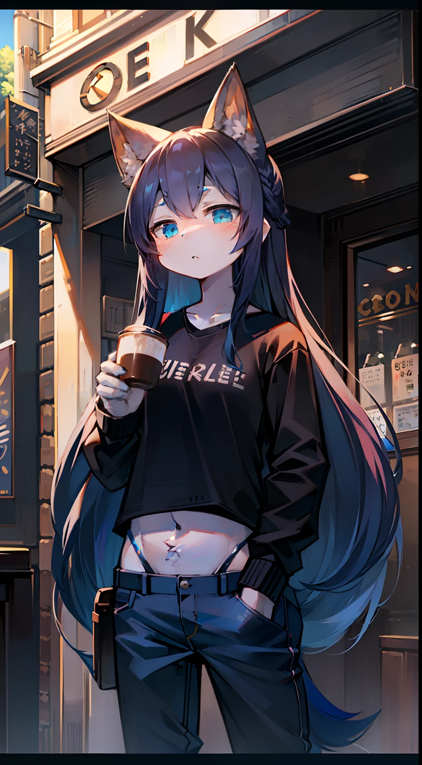 Solo, kemono, female, bad style, black and blue hair, long hair, blue eyes, wear black cropped shirt, wear dark blue pants, look at camera, right hand grabbing coffee cup, standing in front of coffee shop, coffee chop background, noon time