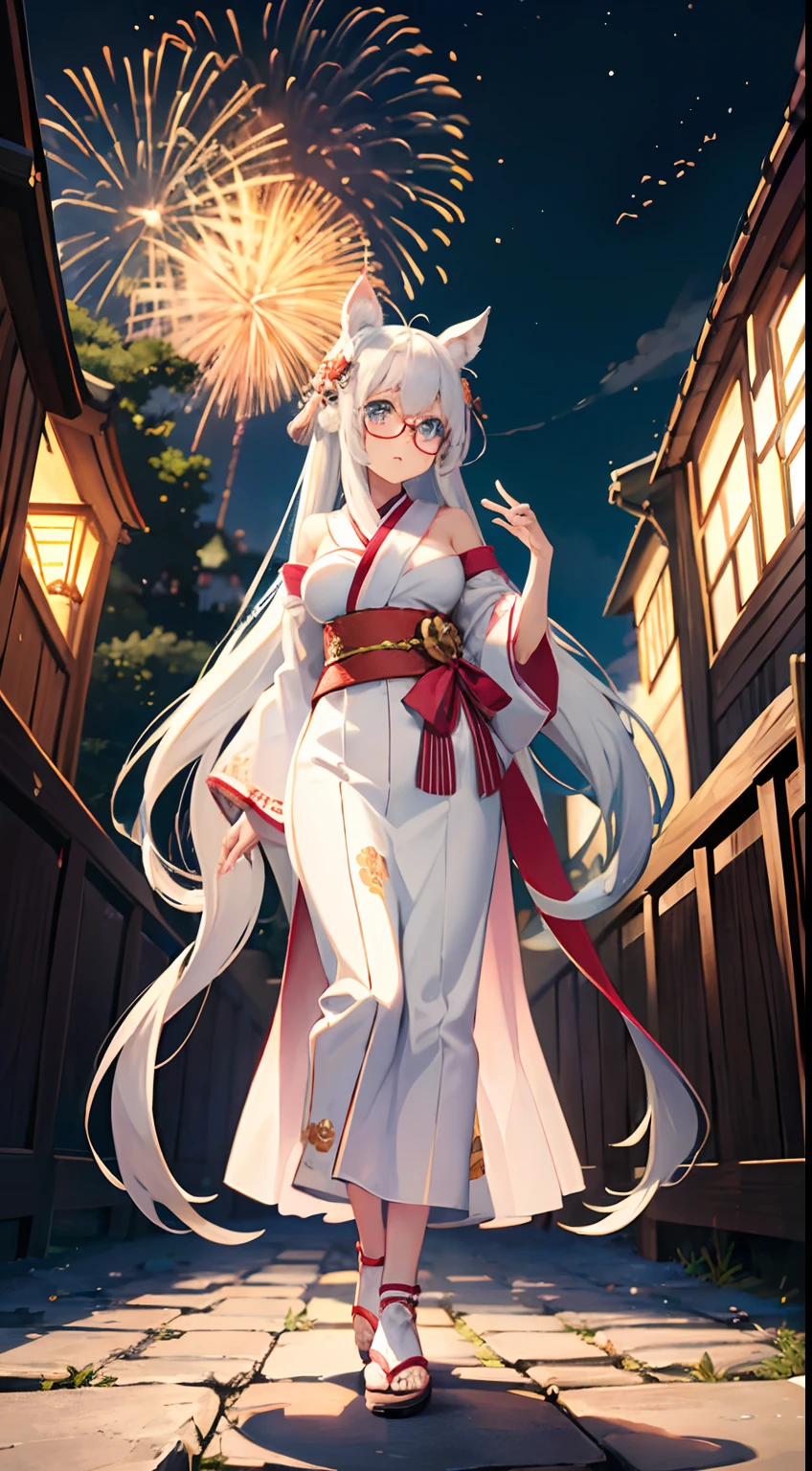 ((Best Quality)), (Ultra-detailed), ((Extremely detailed)), (Beautiful), ((Kawaii Girl))、Hair is white、length hair、Quirk hair、Blue eyes、Girl with horse ears and tail、tall、Breasts are big、Yukata,Sandals,、Red under-rim glasses、One girl、Standing、animesque、Uma Musume、Fireworks,evening,Smile,Full body,From below,looking in camera,
