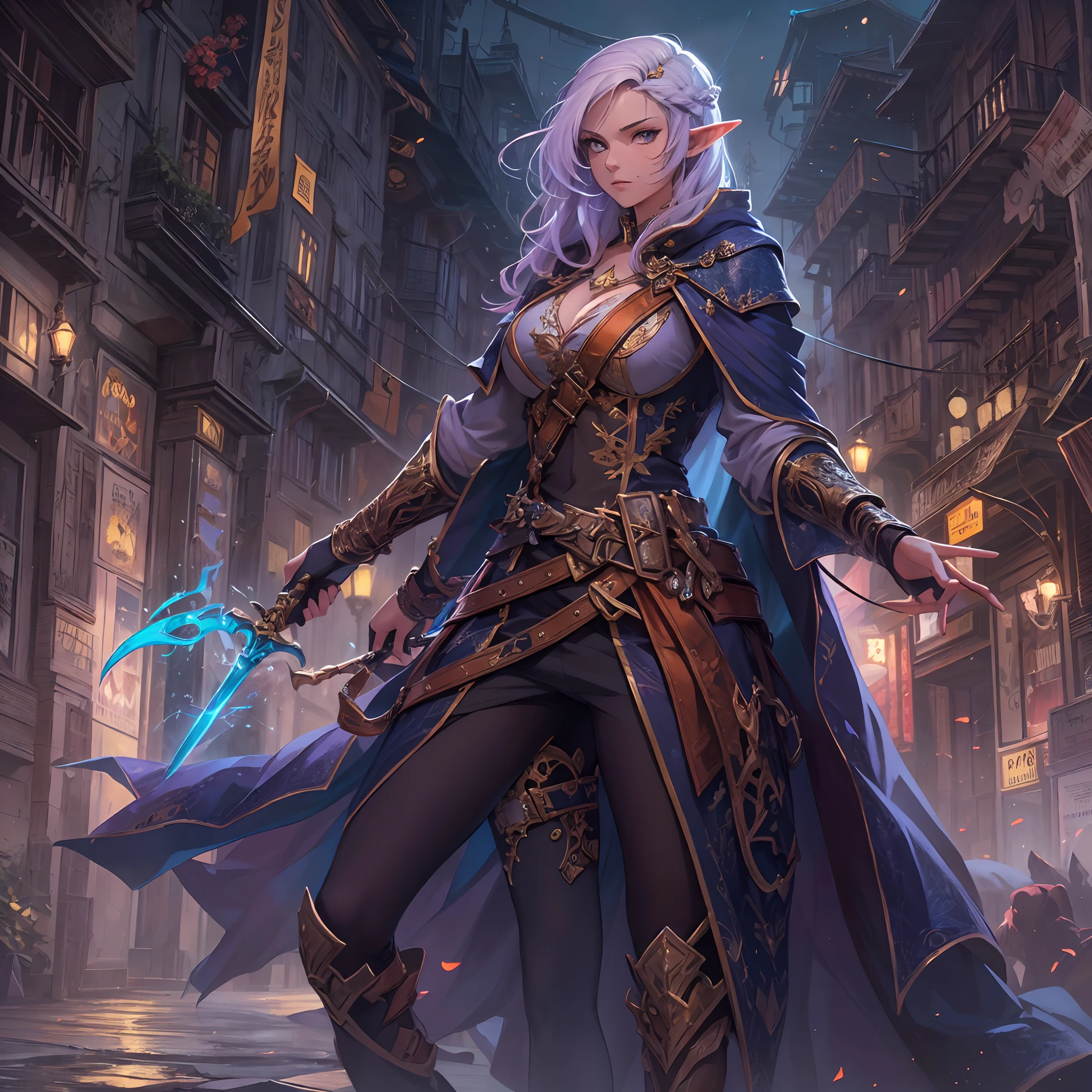 a picture of a female elf (intense details, Masterpiece, best quality: 1.5) fantasy swashbuckler, fantasy fencer, armed with a slim sword, shinning sword, metallic shine, colorful clothes, dynamic clothing, an ultra wide shot, full body (intense details, Masterpiece, best quality: 1.5)epic beautiful female elf (intense details, Masterpiece, best quality: 1.5), rich hair, braided hair, small pointed ears, [colorful magical sigils in the air],[ colorful arcane markings floating] (intricate details, Masterpiece, best quality: 1.6), holding a [sword] (intricate details, Masterpiece, best quality: 1.6) holding a [sword glowing in red light]fantasy urban street (intense details, Masterpiece, best quality: 1.5),  purple cloak, long cloak (intense details, Masterpiece, best quality: 1.5), sense of daring, sense of adventure,  high details, best quality, 8k, [ultra detailed], masterpiece, best quality, (extremely detailed), dynamic angle, ultra wide shot, photorealistic, RAW, fantasy art, dnd art,fantasy art, realistic art,