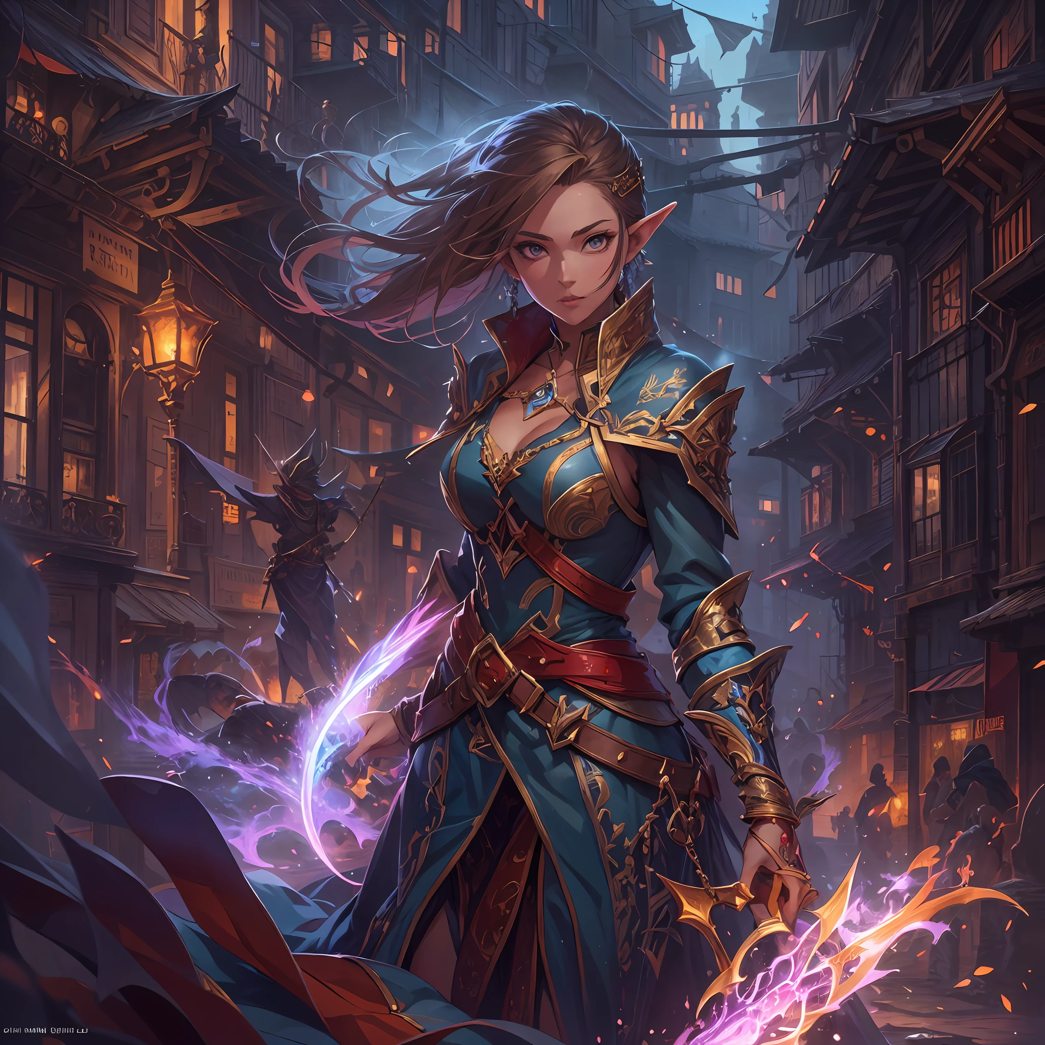 a picture of a female elf (intense details, Masterpiece, best quality: 1.5) fantasy swashbuckler, fantasy fencer, armed with a slim sword, shinning sword, metallic shine, colorful clothes, dynamic clothing, an ultra wide shot, full body (intense details, Masterpiece, best quality: 1.5)epic beautiful female elf (intense details, Masterpiece, best quality: 1.5), rich hair, braided hair, small pointed ears, [colorful magical sigils in the air],[ colorful arcane markings floating] (intricate details, Masterpiece, best quality: 1.6), holding a [sword] (intricate details, Masterpiece, best quality: 1.6) holding a [sword glowing in red light]fantasy urban street (intense details, Masterpiece, best quality: 1.5),  purple cloak, long cloak (intense details, Masterpiece, best quality: 1.5), sense of daring, sense of adventure,  high details, best quality, 8k, [ultra detailed], masterpiece, best quality, (extremely detailed), dynamic angle, ultra wide shot, photorealistic, RAW, fantasy art, dnd art,fantasy art, realistic art,