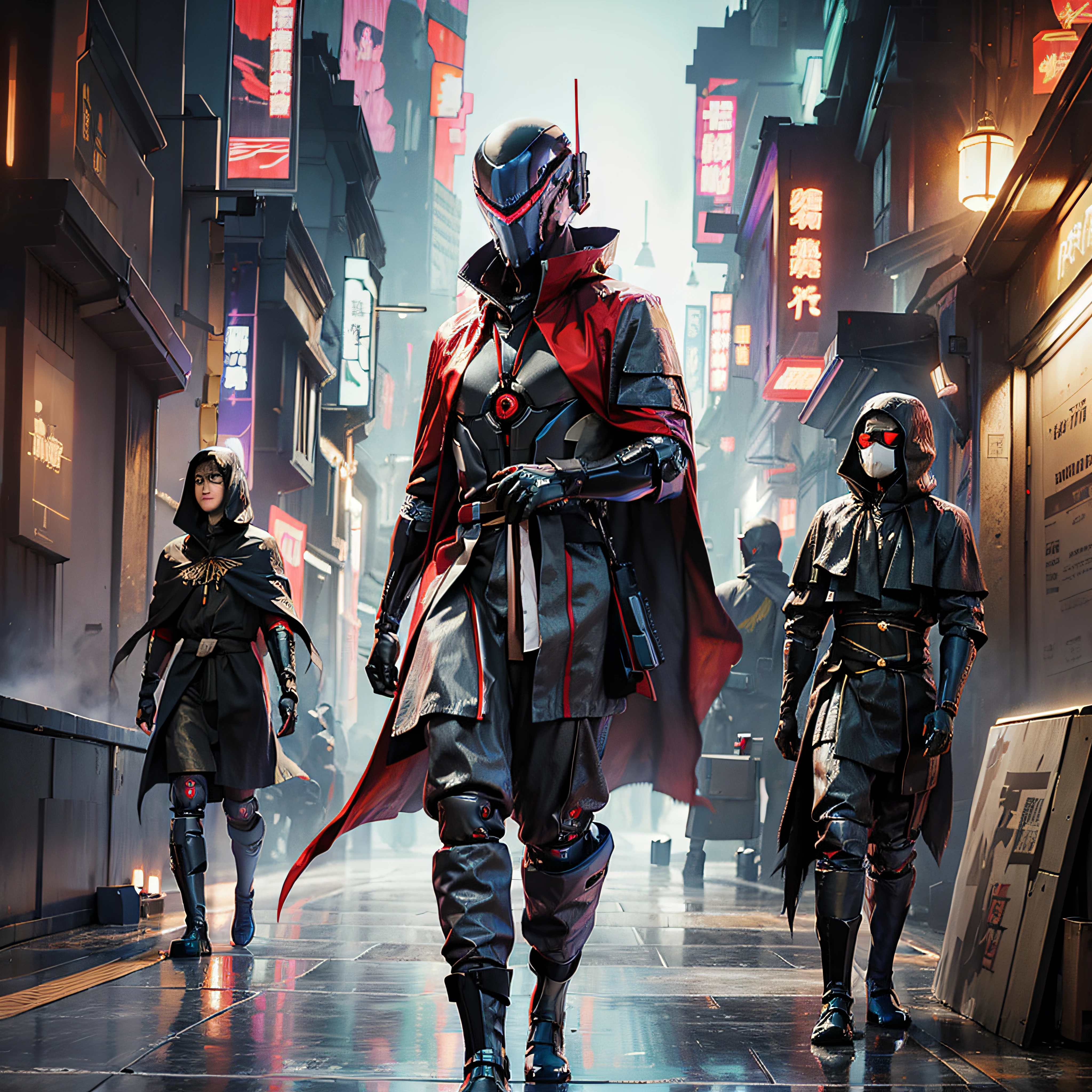 cyberfusion,Shinsengumi Haori assassin robot cyborg wearing robes cape,elite corporate security, cyberpunk shopping district