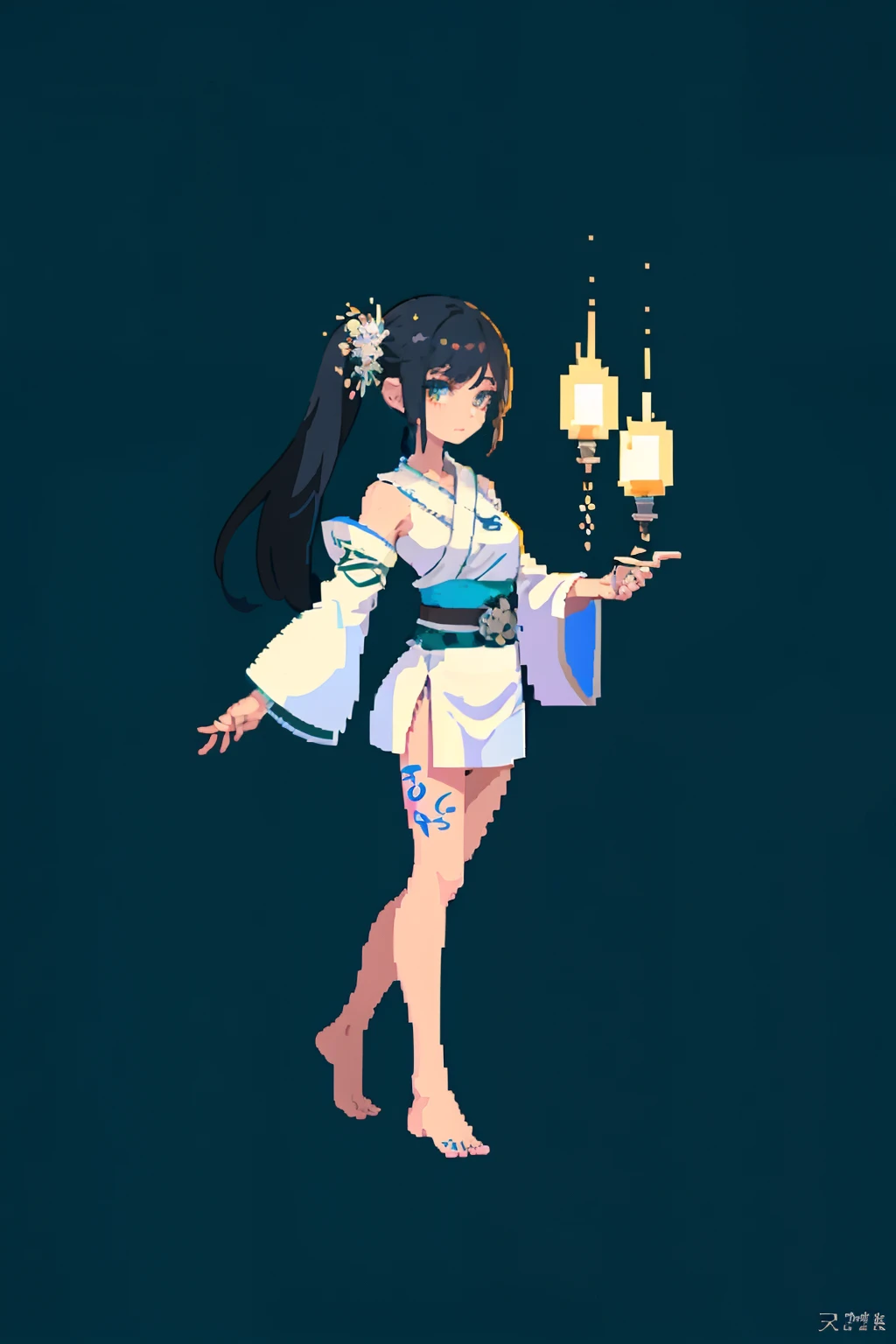 masterpiece, top quality, best quality), pixel,pixel art, 1 girl, soul, tatoo, soul hair, white kimono, candle, fullbody