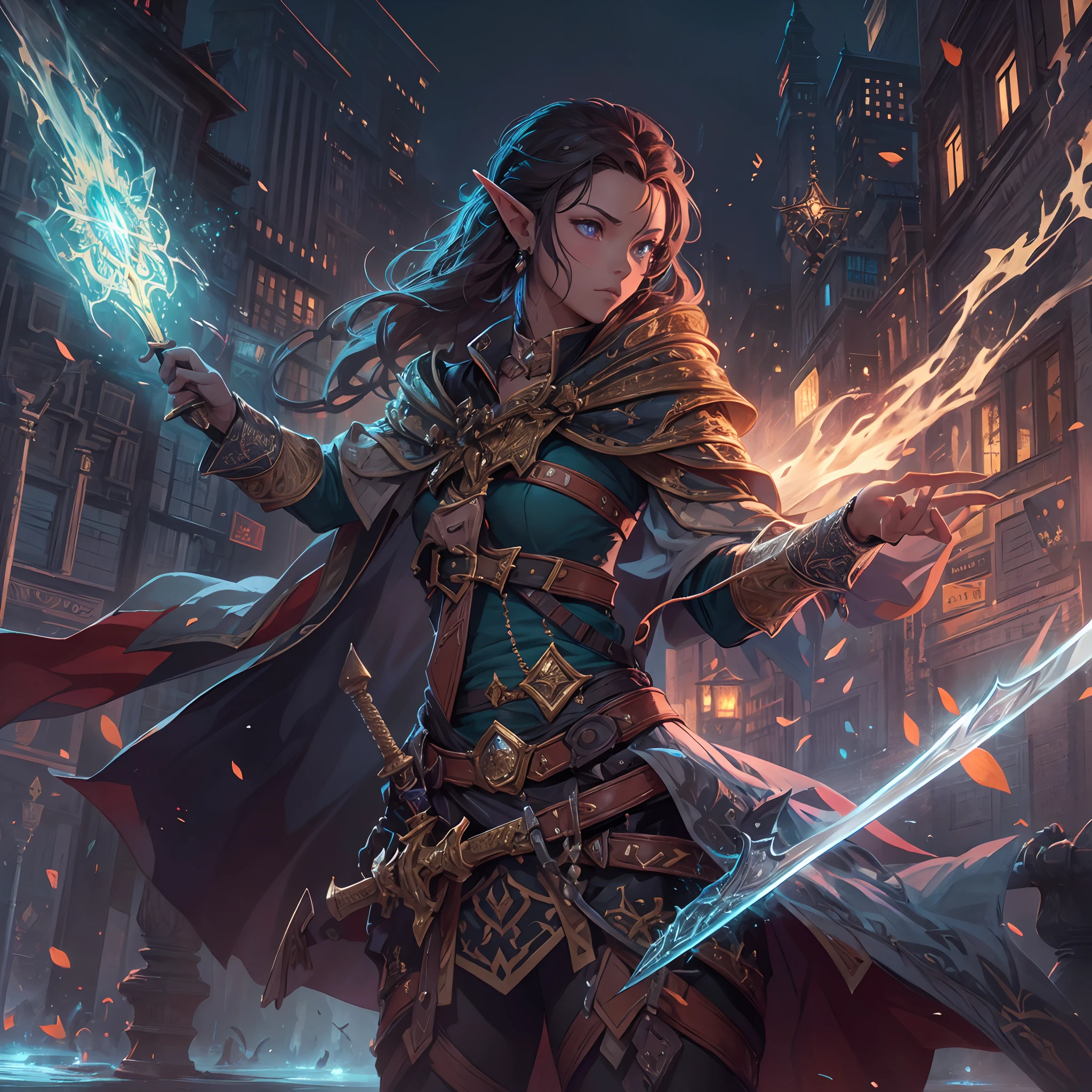 a picture of a female elf (intense details, Masterpiece, best quality: 1.5) fantasy swashbuckler, fantasy fencer, armed with a slim sword, shinning sword, metallic shine, colorful clothes, dynamic clothing, an ultra wide shot, full body (intense details, Masterpiece, best quality: 1.5)epic beautiful female elf (intense details, Masterpiece, best quality: 1.5), rich hair, braided hair, small pointed ears, [colorful magical sigils in the air],[ colorful arcane markings floating] (intricate details, Masterpiece, best quality: 1.6), holding a [sword] (intricate details, Masterpiece, best quality: 1.6) holding a [sword glowing in red light]fantasy urban street (intense details, Masterpiece, best quality: 1.5),  purple cloak, long cloak (intense details, Masterpiece, best quality: 1.5), sense of daring, sense of adventure,  high details, best quality, 8k, [ultra detailed], masterpiece, best quality, (extremely detailed), dynamic angle, ultra wide shot, photorealistic, RAW, fantasy art, dnd art,fantasy art, realistic art,
