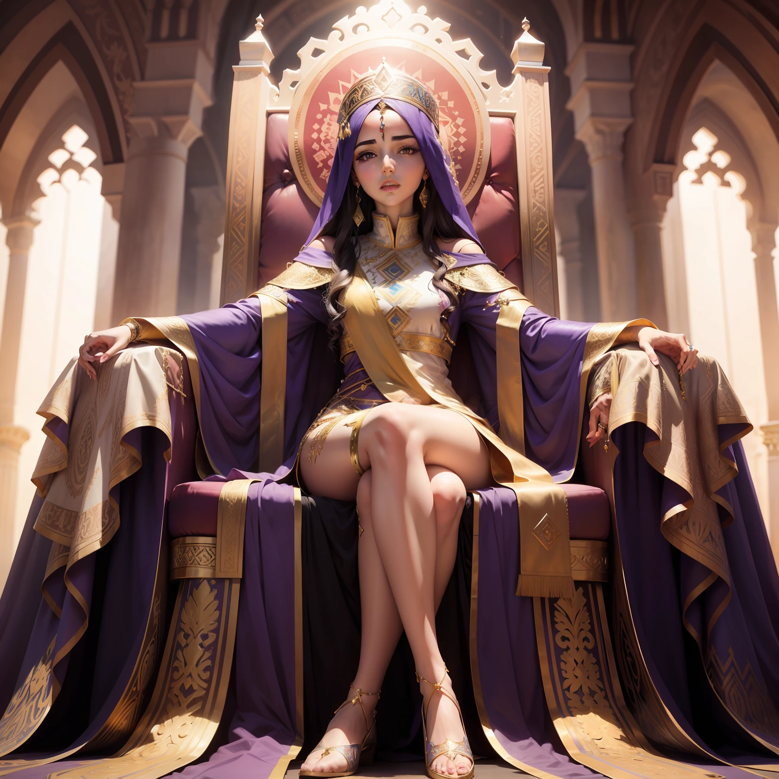 Moroccan caftan outfit princesse full body outfit sitting inGreat Legendary throne hyper realistic super detailed Dynamic pose Dynamic shot master piece