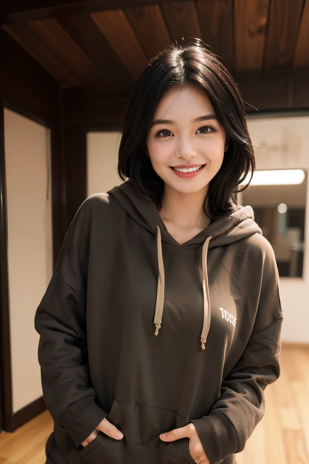 1girl, wearing a stylish brown hoodie, with perfectly tied-up long black hair and a radiant smile.
