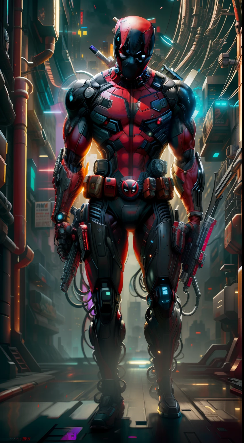 Deadpool from Marvel photography, biomechanics, complex robot, red, full growth, full body, hyper-realistic, crazy little details, incredibly clean lines, cyberpunk aesthetic, masterpiece featured on Zbrush Central, cyberpunk city backdrop