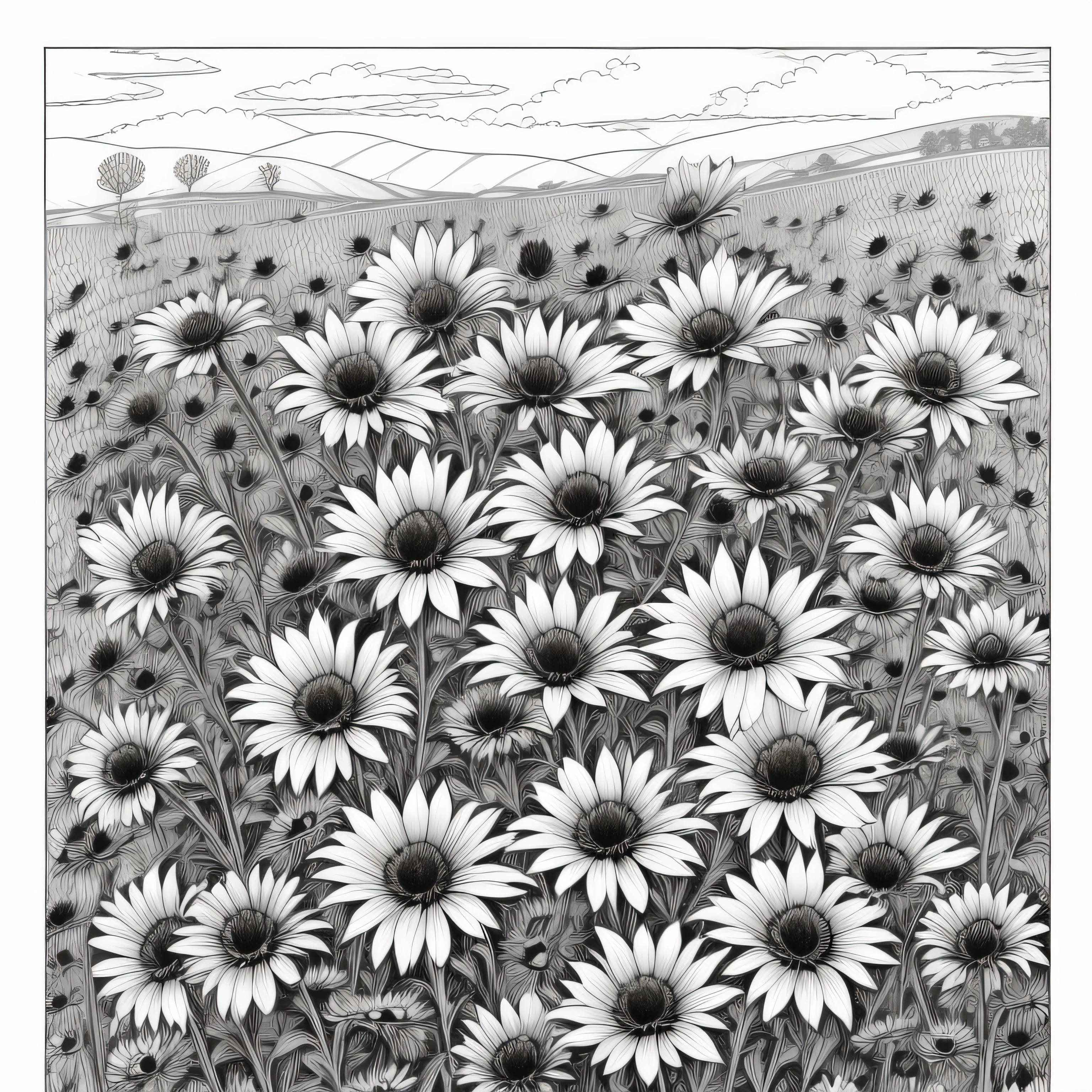 (Monochrome images:1.3)、(Rudbeckia coloring book:1.3)、It features a simple、Draw with outline