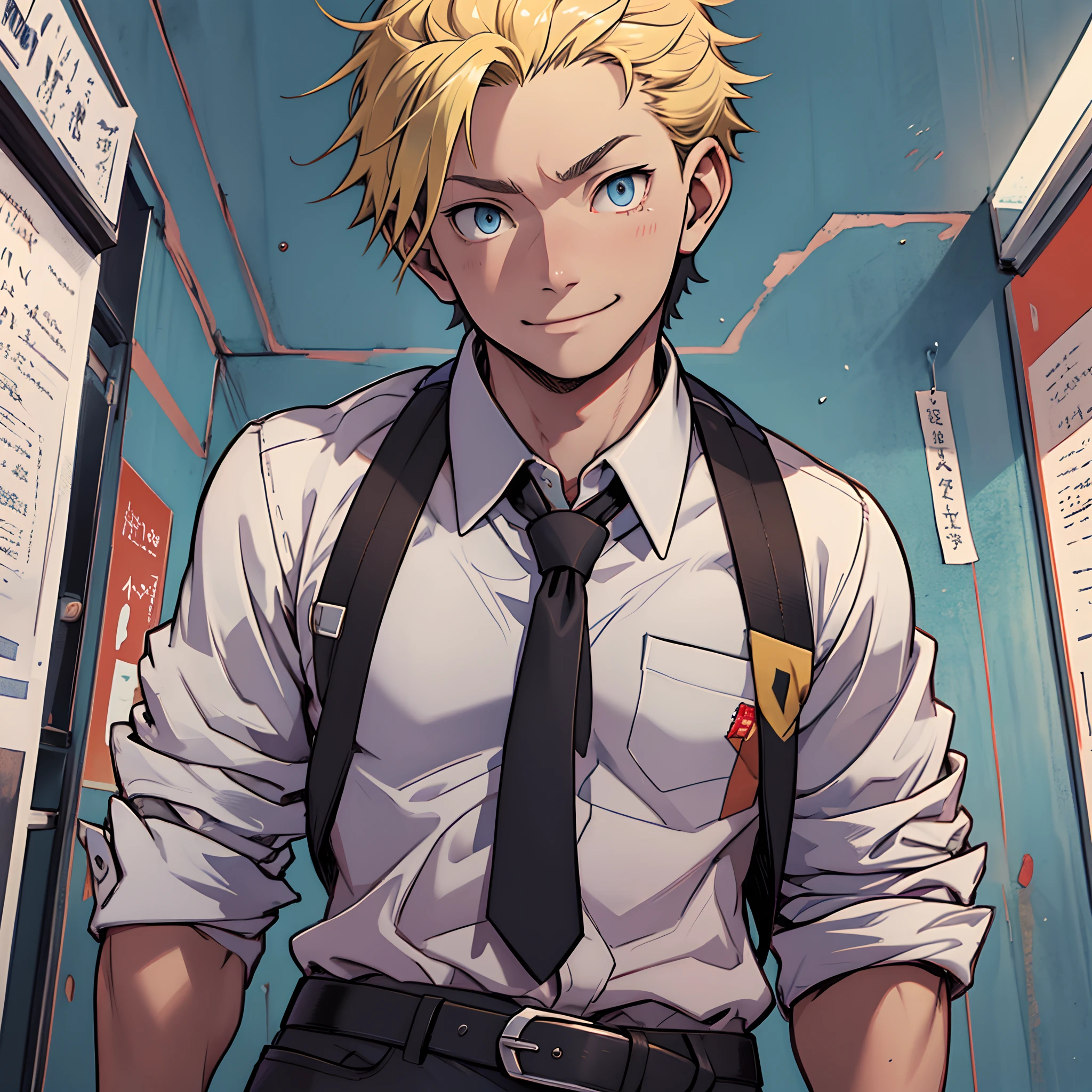 (1 Adult male),A high resolution, Sharp focus, Pixiv masterpiece, ((Complicated details)), highly detailed, natsuki_subaru, 1 man, ssmile,full bodyesbian,Reached, blue color eyes(eyes glowing), Short yellow hair,white shirt,Wear a tie,Wear a belt,perspire,look from down
