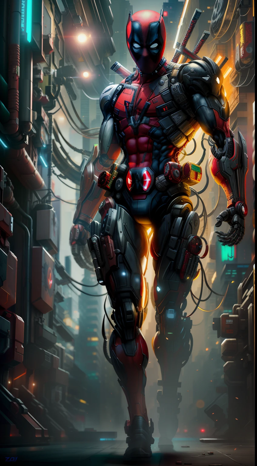 Deadpool from Marvel photography, biomechanics, complex robot, red, full growth, full body, hyper-realistic, crazy little details, incredibly clean lines, cyberpunk aesthetic, masterpiece featured on Zbrush Central, cyberpunk city backdrop