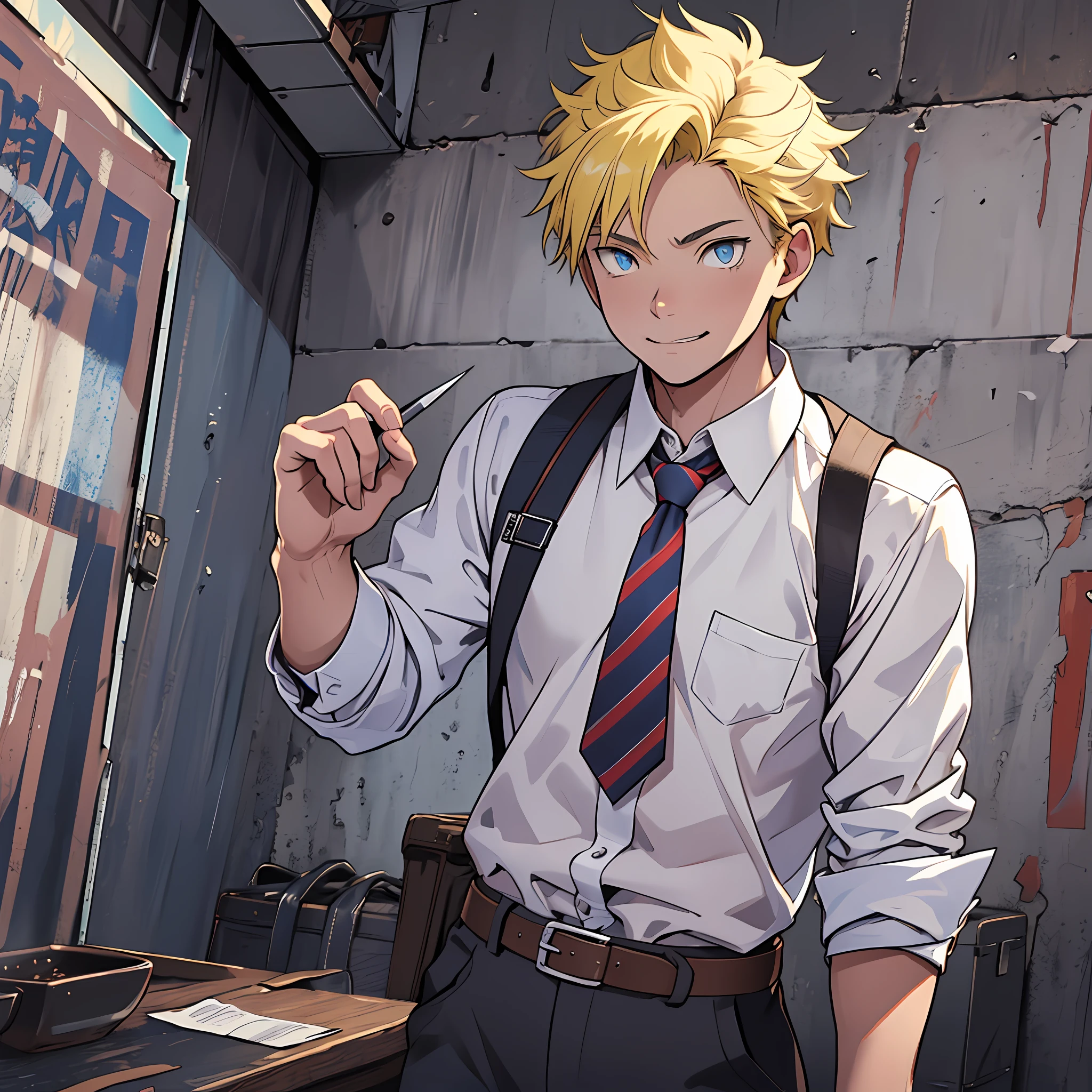 (1 Adult male),A high resolution, Sharp focus, Pixiv masterpiece, ((Complicated details)), highly detailed, natsuki_subaru, 1 man, ssmile,full bodyesbian,Reached, blue color eyes(eyes glowing), Short yellow hair,white shirt,Wear a tie,Wear a belt,perspire,look from down