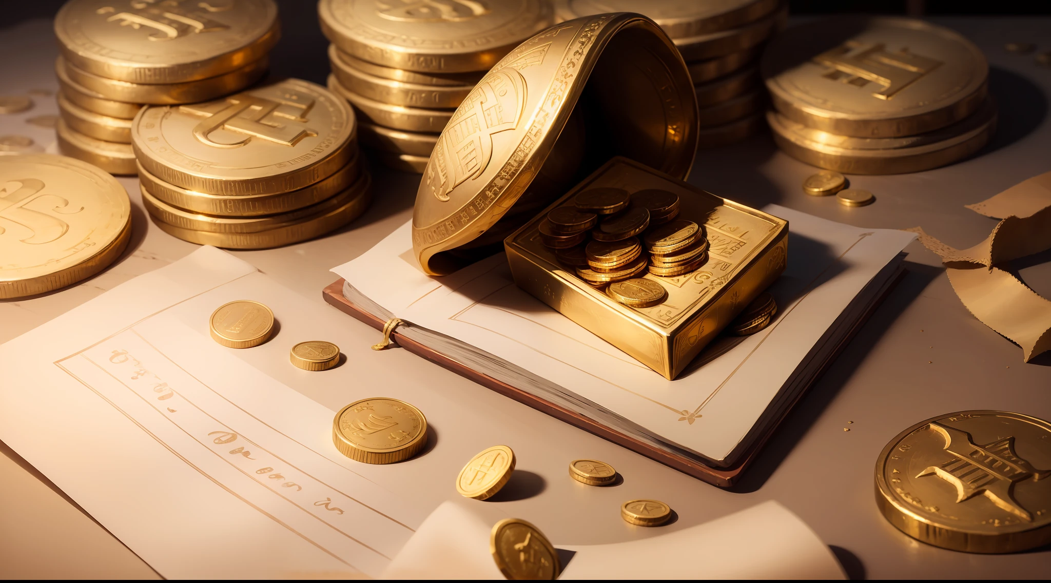 Gold coins and bars on old parchment, symbols of lasting value