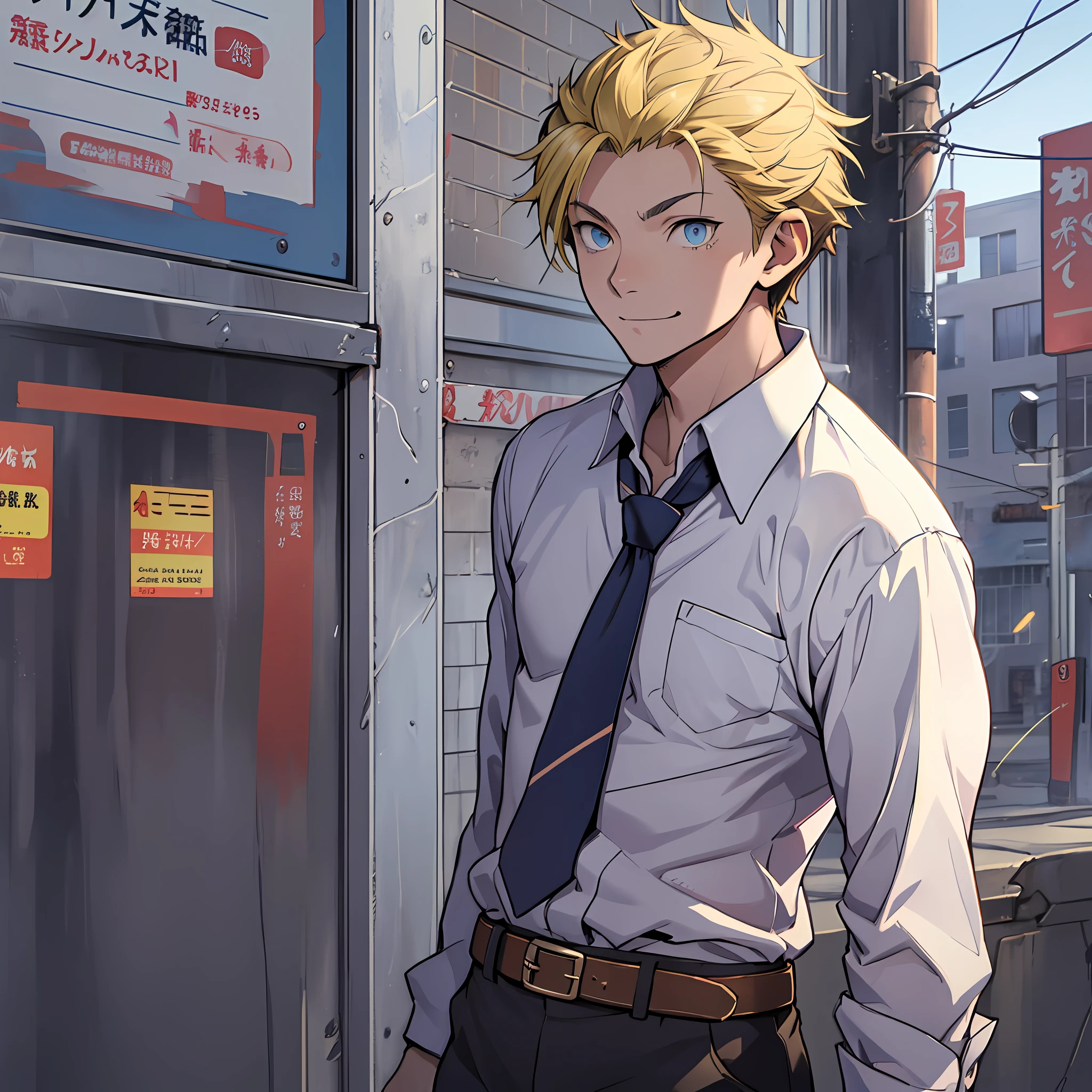 （1 Adult male），A high resolution， Sharp focus， Pixiv masterpiece， （（Complicated details））， highly  detailed， natsuki_subaru， 1 man， ssmile，full bodyesbian，Reached， blue color eyes（eyes glowing）， Short yellow hair，white  shirt，Wear a tie，Wear a belt，perspire，look from down