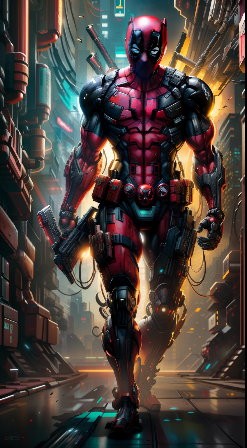 Deadpool from Marvel photography, biomechanics, complex robot, red, full growth, full body, hyper-realistic, crazy little details, incredibly clean lines, cyberpunk aesthetic, masterpiece featured on Zbrush Central, cyberpunk city backdrop