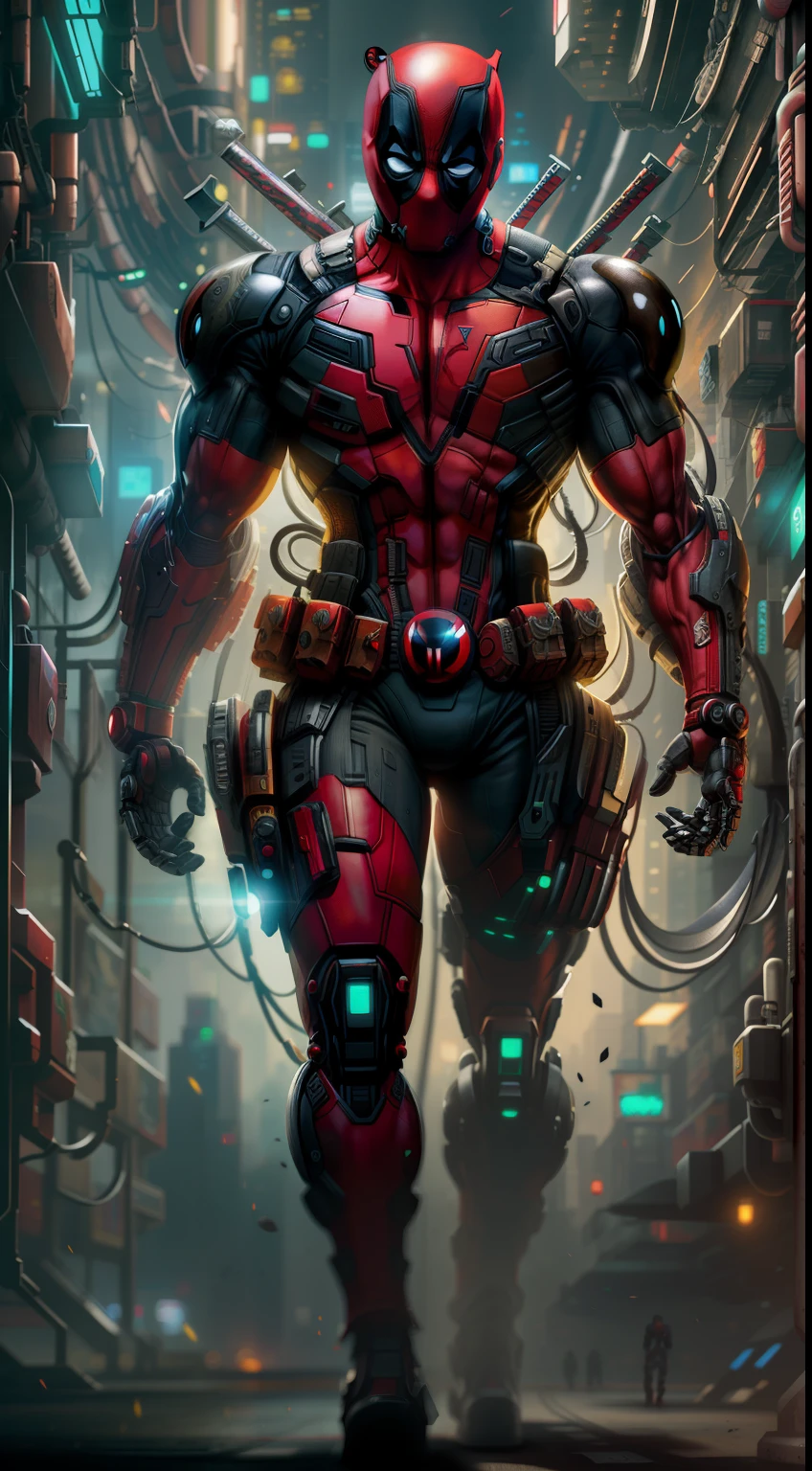 Deadpool from Marvel photography, biomechanics, complex robot, red, full growth, full body, hyper-realistic, crazy little details, incredibly clean lines, cyberpunk aesthetic, masterpiece featured on Zbrush Central, cyberpunk city backdrop
