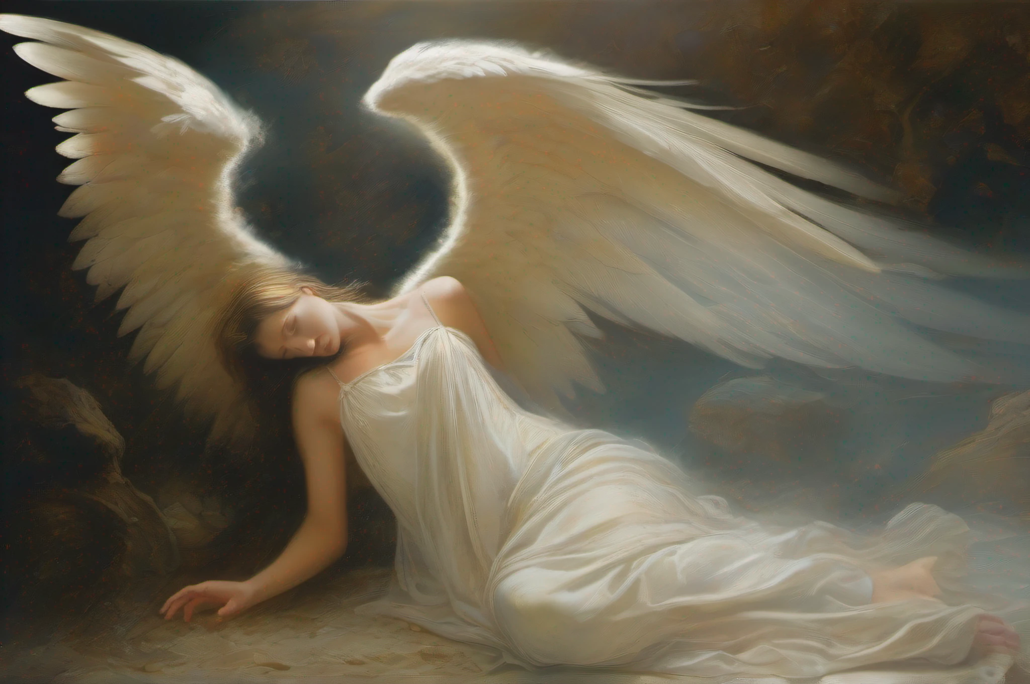 A poignant image that emerges between the realms of mythology and emotion: A fallen female angel, alguna vez radiante y celestial, ahora desciende de los cielos, His ethereal form gradually fades into the mortal realm.... A medida que desciende, The angel emits particles of light, A Bittersweet Testimony of His Transition from Grace to Humanity.
The presence of the fallen angel is at the same time imposing and melancholy.... Sus alas, alguna vez resplandecientes y poderosas, ahora llevan las marcas de su descenso, with fogged feathers and frayed edges. The angel's expression conveys traces of sadness and acceptance, Reflecting the complex emotions of his fall.
Use an ethereal color palette that fades to earthy tones to represent the transition between realms. Focus illumination on the angel's transcendent aura and the particles of light it emits. Capture every detail of the majestic but now withered wings to convey the symbolism of their downfall...