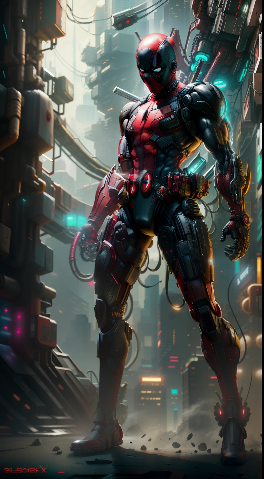 Deadpool from Marvel photography, biomechanics, complex robot, red, full growth, full body, hyper-realistic, crazy little details, incredibly clean lines, cyberpunk aesthetic, masterpiece featured on Zbrush Central, cyberpunk city backdrop