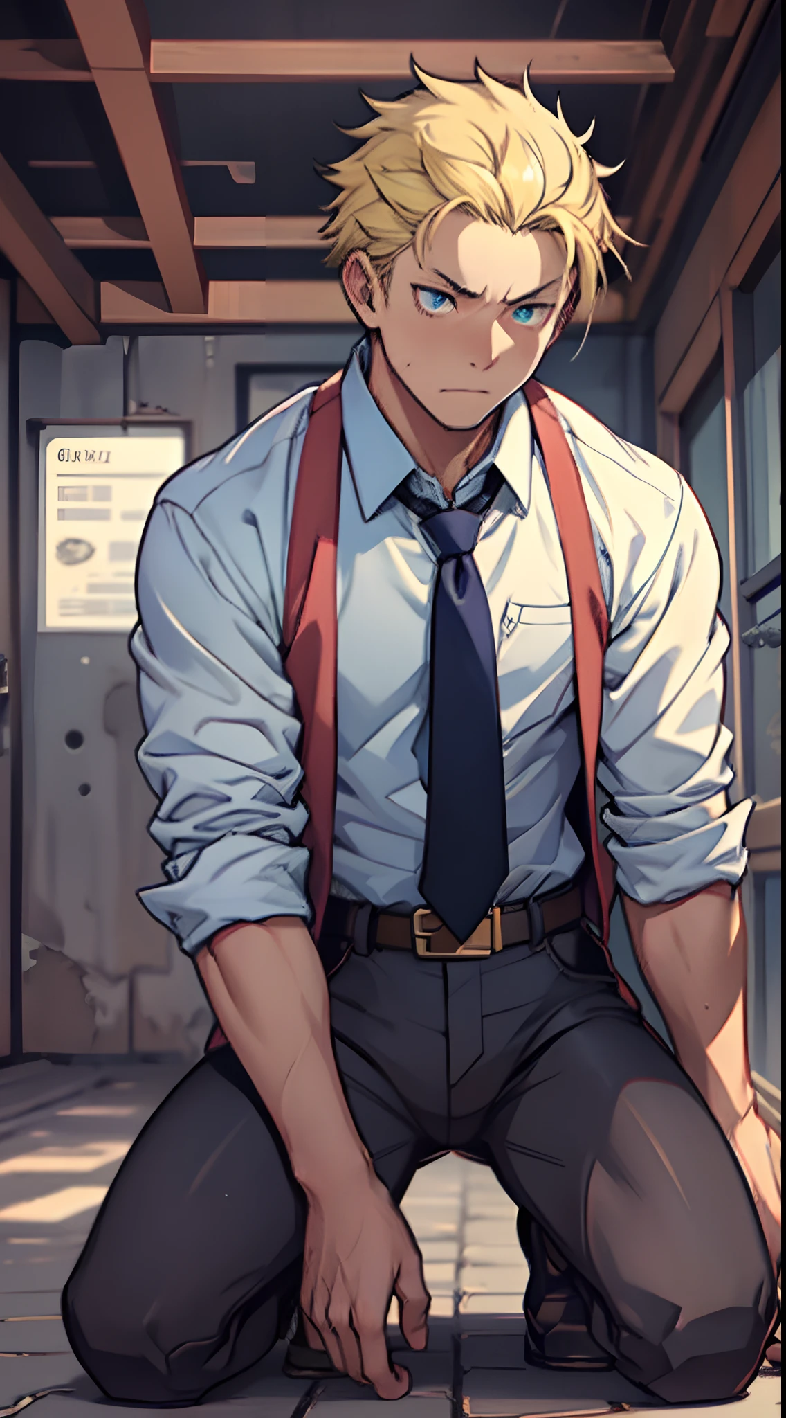 (1 Adult male),A high resolution, Sharp focus, Pixiv masterpiece, ((Complicated details)), highly detailed, natsuki_subaru, 1 man,Defeat, crestfallen,full bodyesbian,kneels on the ground, (A gesture of pleading),blue color eyes(eyes glowing), Short yellow hair,white shirt,Wear a tie,Wear a belt,perspire,look from down