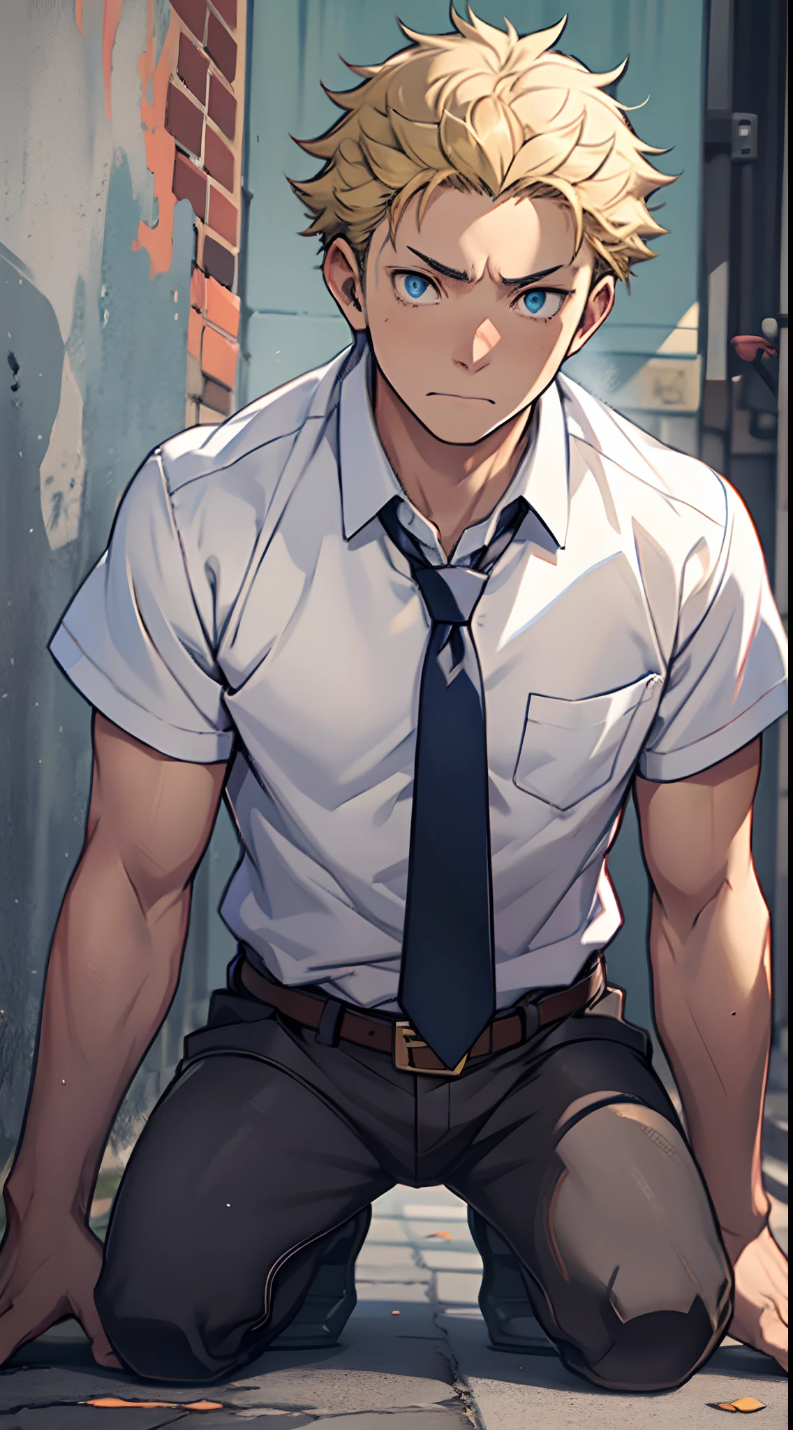 (1 Adult male),A high resolution, Sharp focus, Pixiv masterpiece, ((Complicated details)), highly detailed, natsuki_subaru, 1 man,Defeat, crestfallen,full bodyesbian,kneels on the ground, (A gesture of pleading),blue color eyes(eyes glowing), Short yellow hair,white shirt,Wear a tie,Wear a belt,perspire,look from down