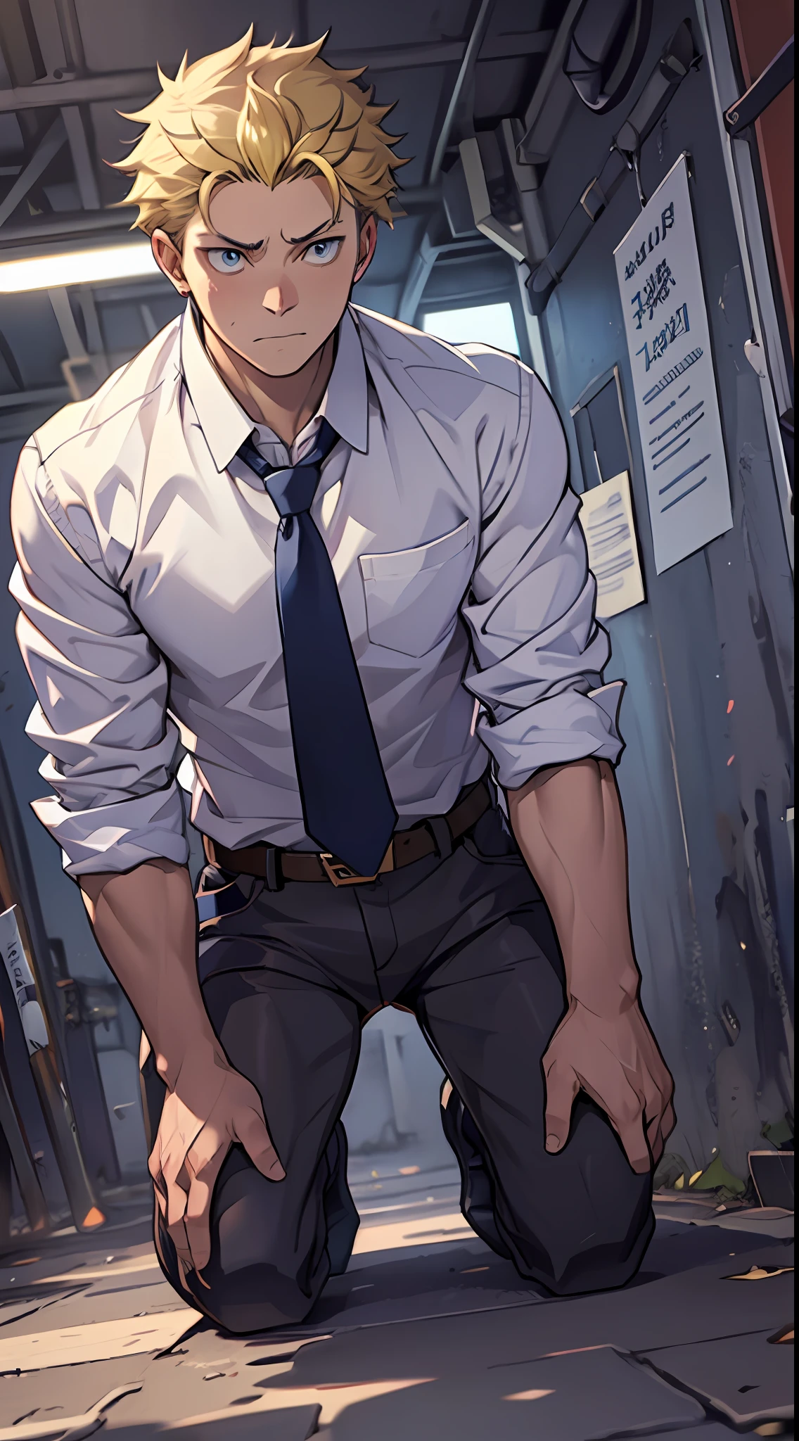 (1 Adult male),A high resolution, Sharp focus, Pixiv masterpiece, ((Complicated details)), highly detailed, natsuki_subaru, 1 man,Defeat, crestfallen,full bodyesbian,kneels on the ground, (A gesture of pleading),blue color eyes(eyes glowing), Short yellow hair,white shirt,Wear a tie,Wear a belt,perspire,look from down
