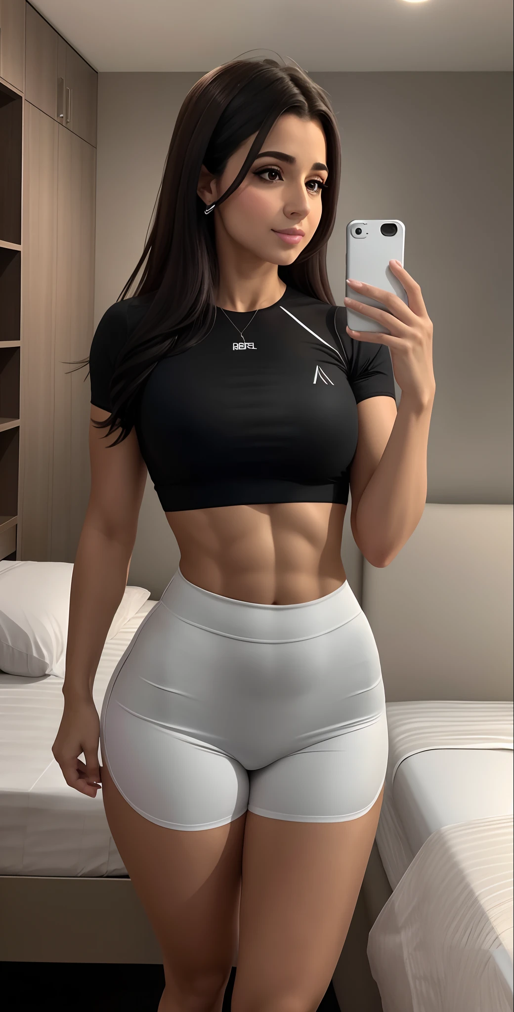 mulher linda arafed tirando uma selfie em um quarto de hotel, Camisa de corte e abdominais lisos e magros, foto fit, menina em forma, Encaixe figura delicada, cintura magra e quadris grossos, corpo levemente tonificado, forma magra, corpo atraente, corpo em forma, com abdominais, recorte de meio corpo, levemente tonificado, Abs, rosto e corpo atraentes, cintura fina, magro e tonificado