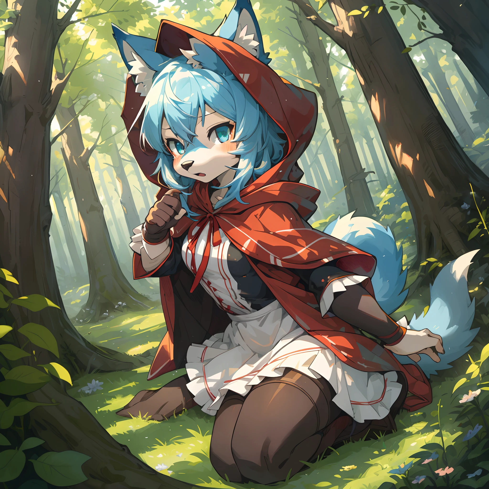 top quality, best quality, High-quality illustrations, masterpiece, super high resolution, detailed background, Little Red Riding Hood, forest, hunter, wolf, hopeless, crisis, 6+boys, 6+girls, absurdres(highly detailed beautiful face and eyes)perfect anatomy, expression, good lighting, cinematic shadow(kemono, furry anthro)assorted poses, dynamic angle,