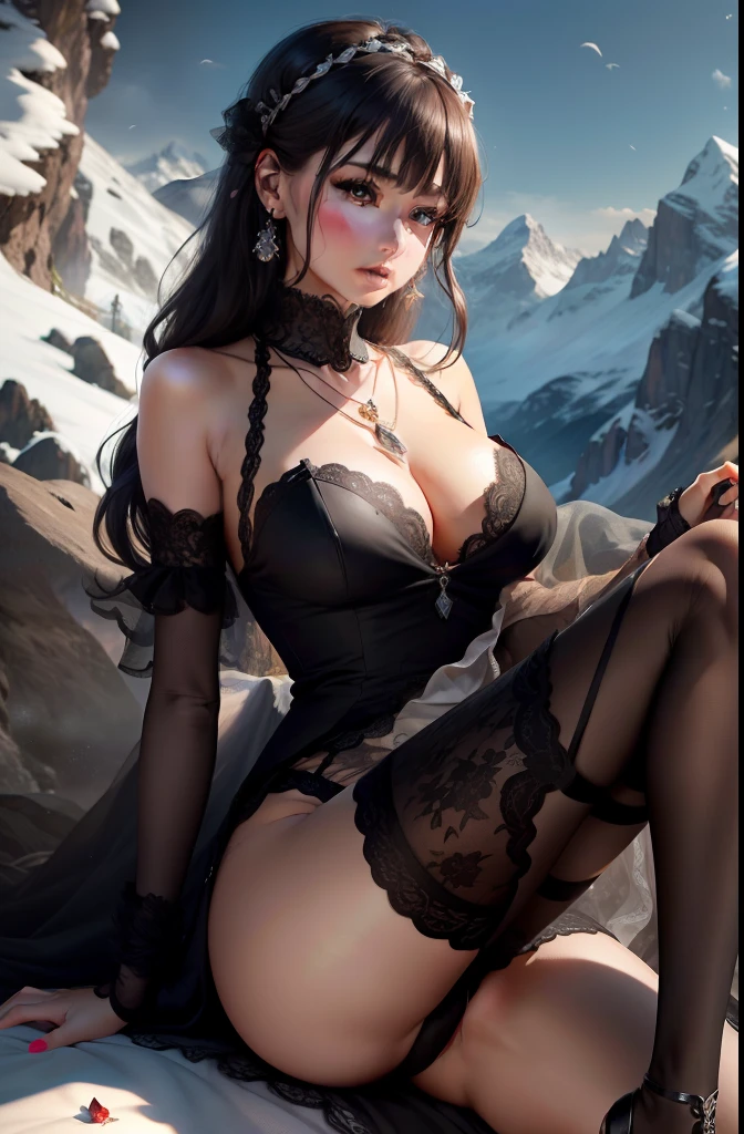 Masterpiece, surreal, 32k, very detailed CG unified 8k wallpaper, best quality, Swiss Alps, Switzerland, (black lace), ((Kasuga)), earrings, ladies, necklace, legs apart