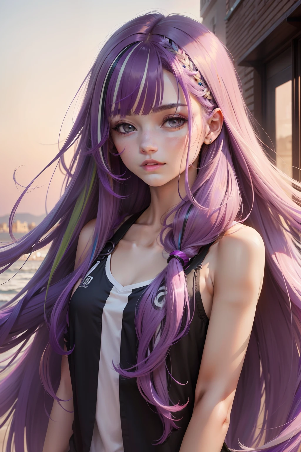 long hair, purple hair, sidelocks, multicolored hair, streaked hair, floating hair, wavy hair