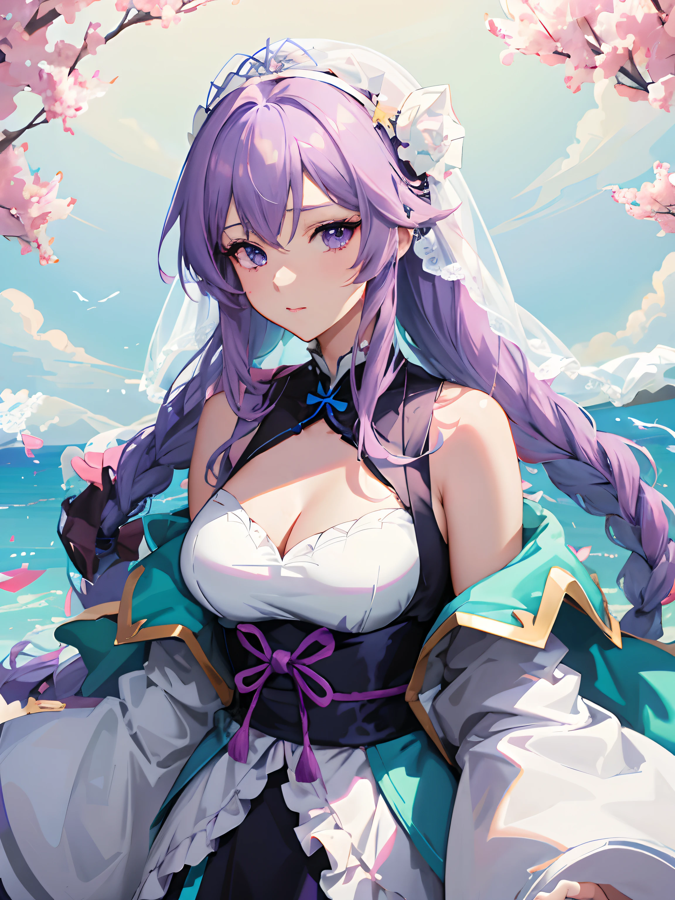 Anime girl with purple hair and white dress and blue cape, anime style 4 k, best anime 4k konachan wallpaper, guweiz, guweiz on pixiv artstation, anime art wallpaper 4k, anime art wallpaper 4k, Anime art wallpaper 8k, artwork in the style of guweiz,sad Facial expression