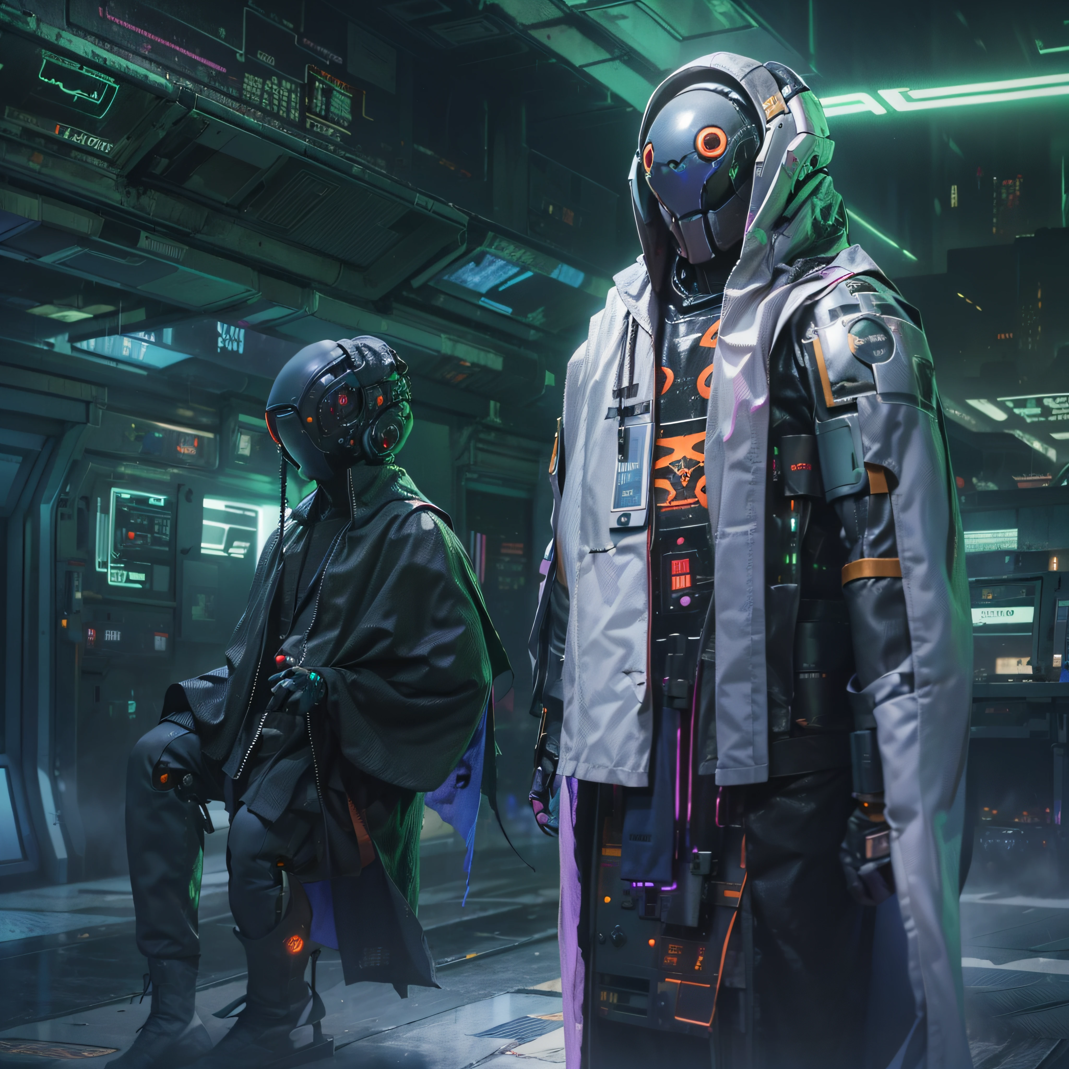 cyberfusion,Shinsengumi Haori assassin robot cyborg wearing robes cape,elite corporate security, (((cyberpunk alien spacestation)))