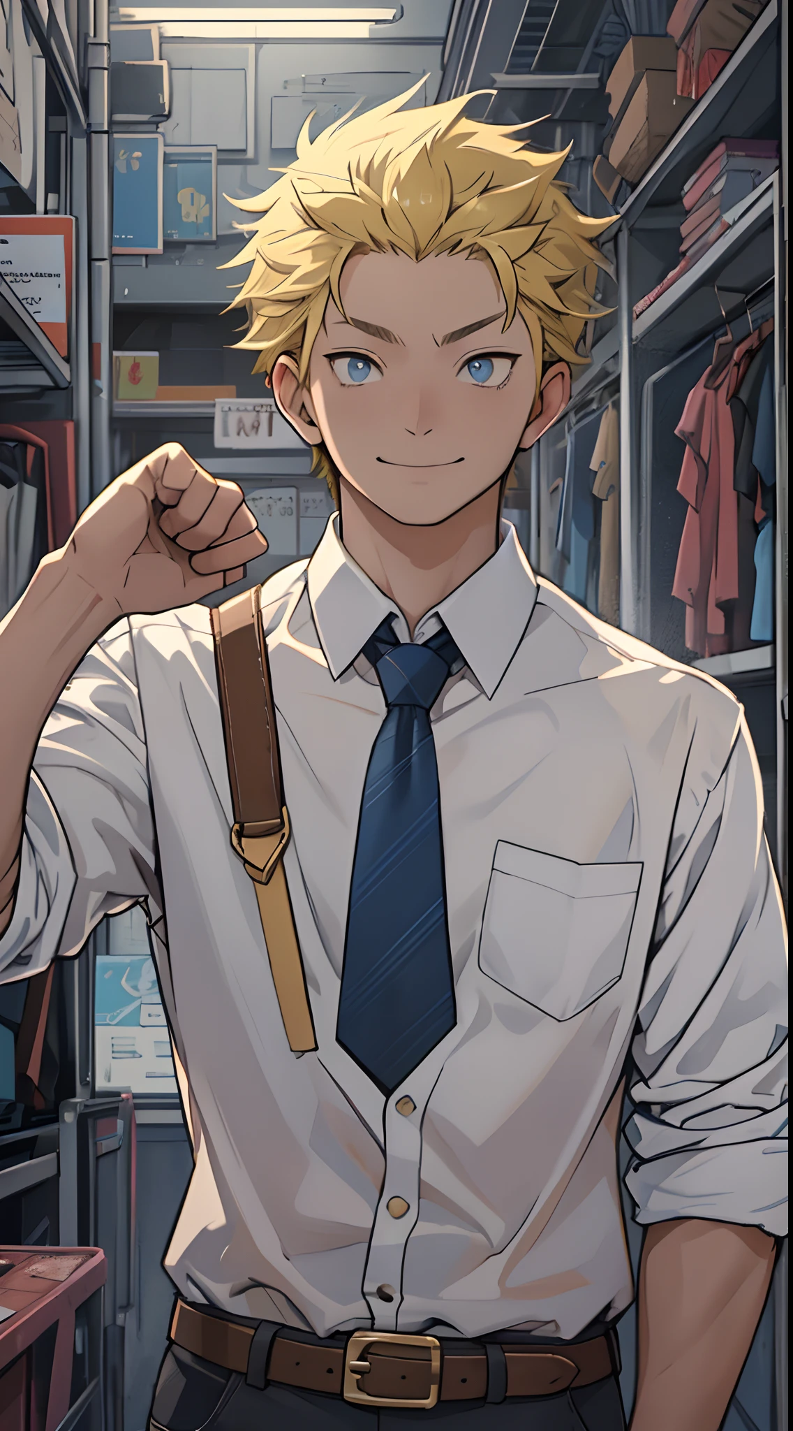 (1 Adult male),A high resolution, Sharp focus, Pixiv masterpiece, ((Complicated details)), highly detailed, natsuki_subaru, 1 man, ssmile,full bodyesbian,Reached, blue color eyes(eyes glowing), Short yellow hair,white shirt,Wear a tie,Wear a belt,perspire,look from down
