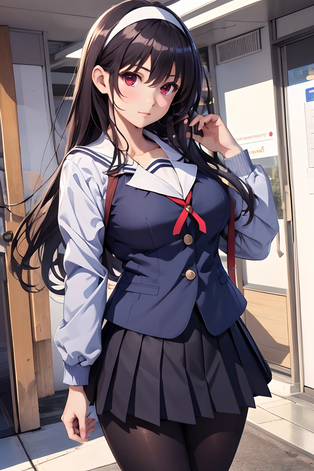 masterpiece, best quality, highres, kasumigaoka utaha, 1girl, solo, pantyhose, long hair, black pantyhose, skirt, school uniform, black hair, hairband, red eyes, pleated skirt, long legs, white hairband, breasts, serafuku, bangs, jacket, large breasts,