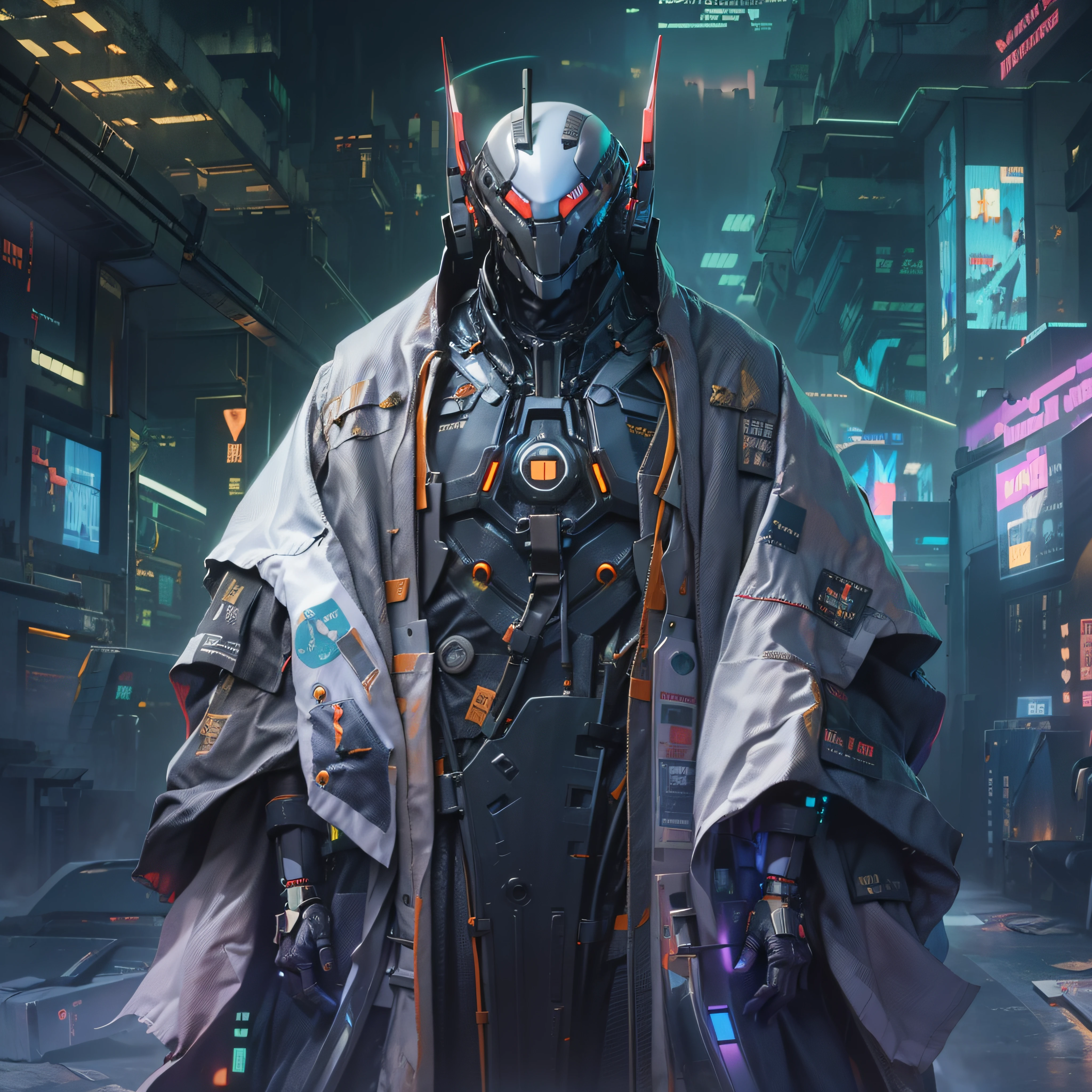 cyberfusion,Shinsengumi Haori assassin robot cyborg wearing robes cape,elite corporate security, (((cyberpunk alien spacestation)))