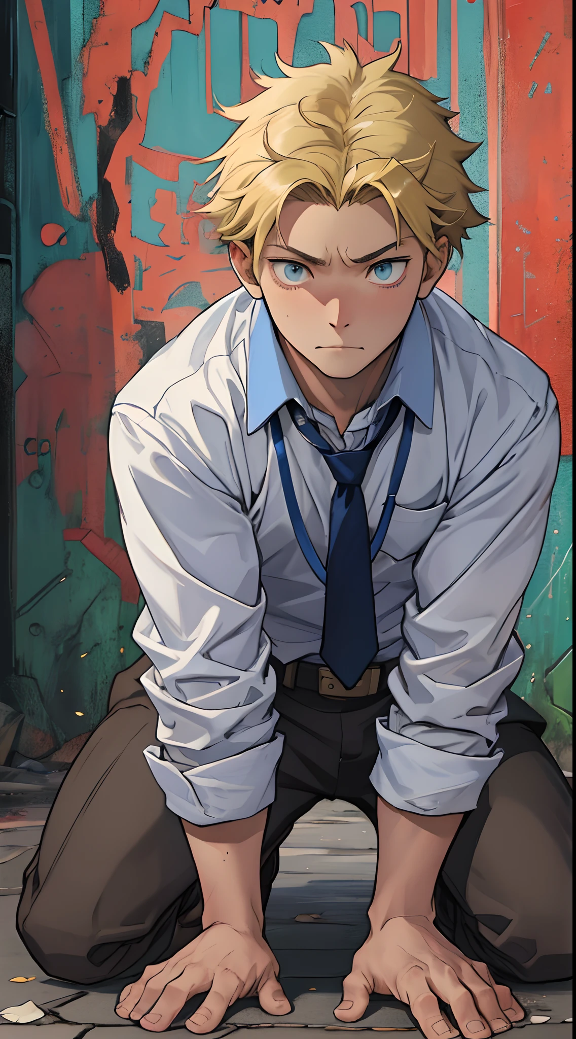 (1 Adult male),A high resolution, Sharp focus, Pixiv masterpiece, ((Complicated details)), highly detailed, natsuki_subaru, 1 man,Defeat, crestfallen,full bodyesbian,kneels on the ground, (A gesture of pleading),blue color eyes(eyes glowing), Short yellow hair,white shirt,Wear a tie,Wear a belt,perspire,look from down