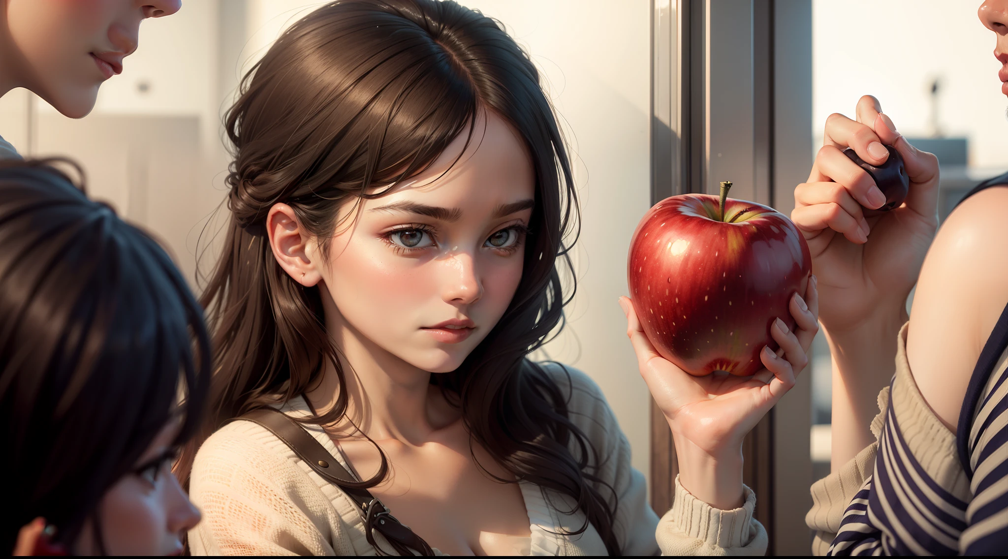 A person thoughtfully holding an apple, pondering needs versus wants