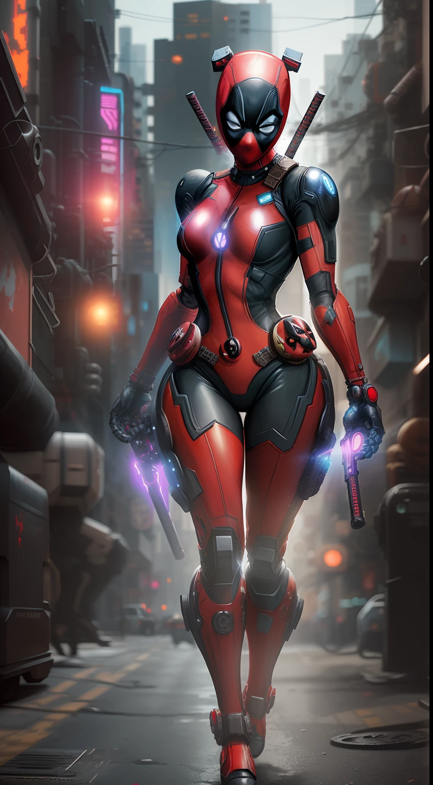 Deadpool girl from Marvel photography, biomechanics, complex robot, red, full growth, full body, big boobs, hyper-realistic, crazy little details, incredibly clean lines, cyberpunk aesthetic, masterpiece featured on Zbrush Central, cyberpunk city backdrop