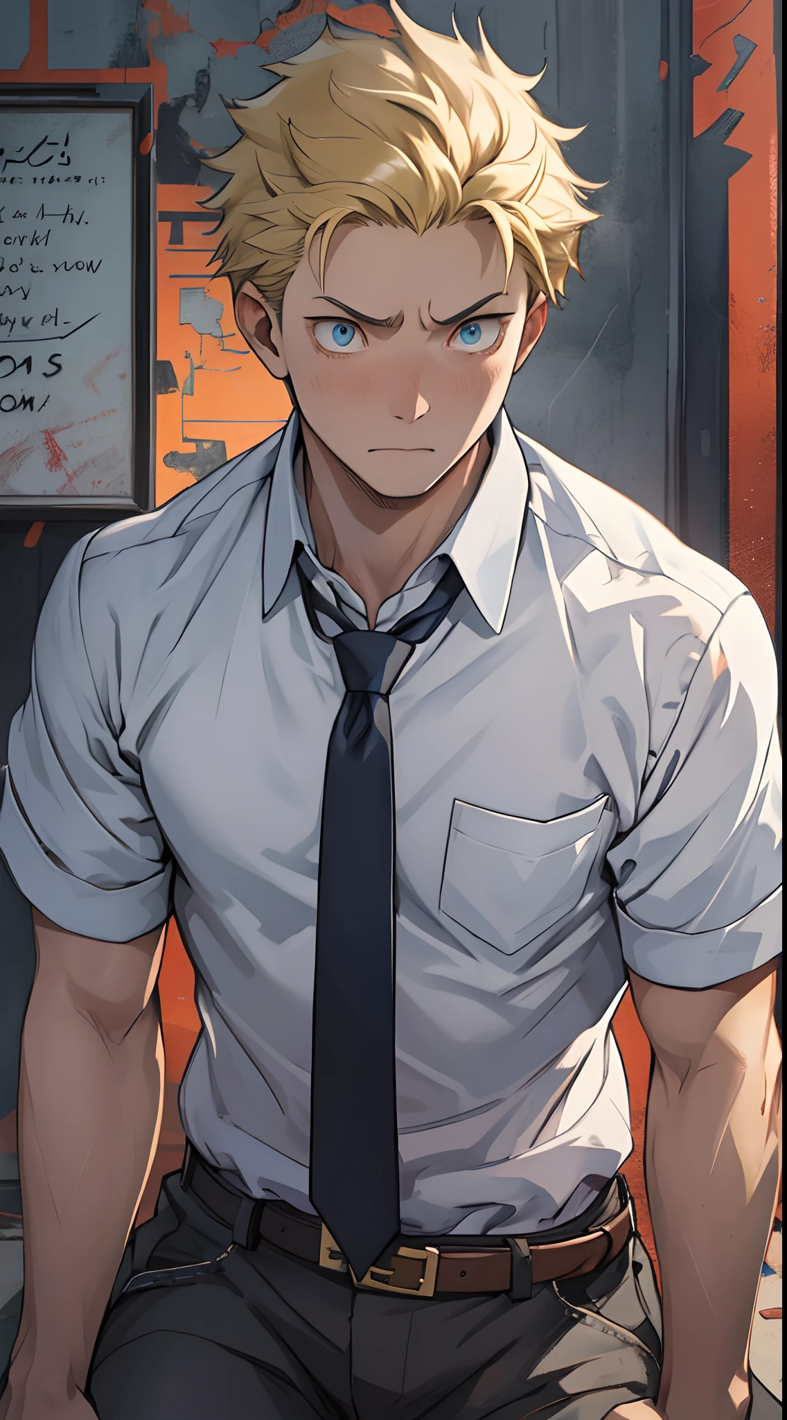 （1 Adult male），A high resolution， Sharp focus， Pixiv masterpiece， （（Complicated details））， highly  detailed， natsuki_subaru， 1 man，Defeat， crestfallen，full bodyesbian，kneels on the ground， （A gesture of pleading），blue color eyes（eyes glowing）， Short yellow hair，white  shirt，Wear a tie，Wear a belt，perspire，look from down