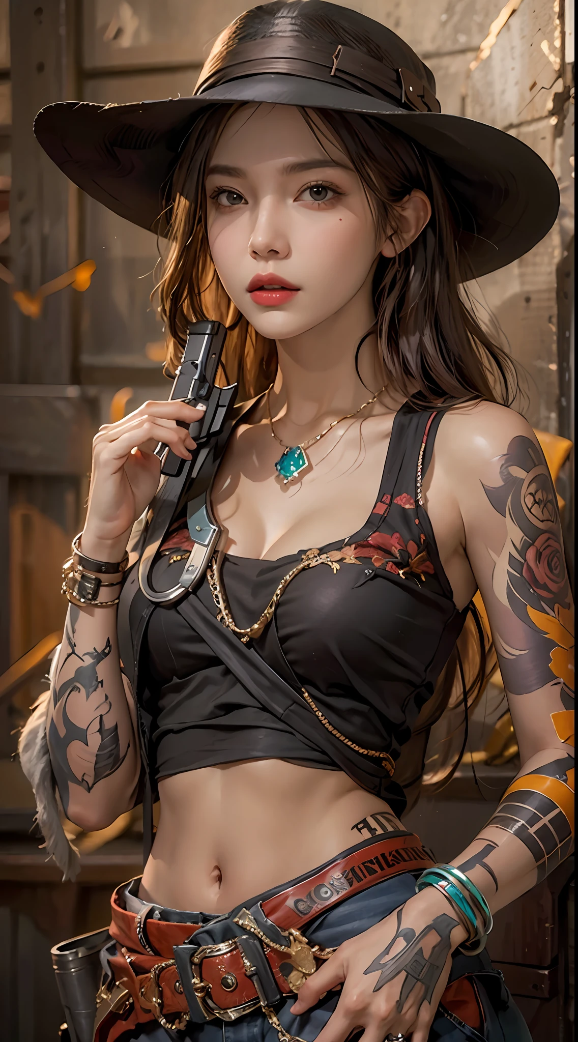 photorealistic, high resolution, 1women, solo, hips up, look at viewer, (detailed face), cowboy, gun, jewelry, tattoo