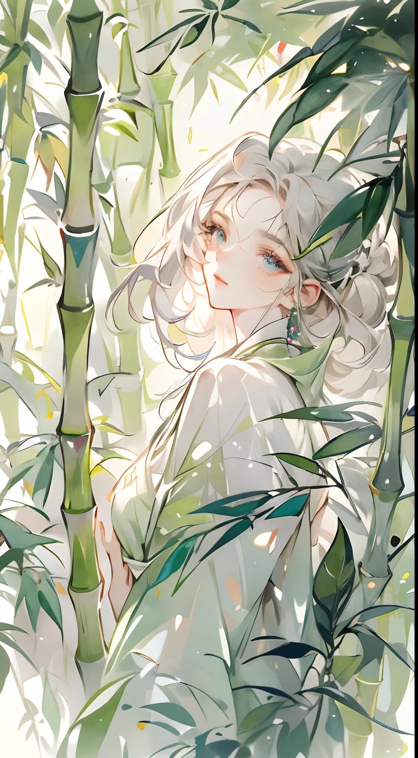(Best Picture Quality,tmasterpiece,aquarelle,Splash ink),Delicate girl portrait,Cool temperament,Bamboo background,Scatter bamboo leaves。